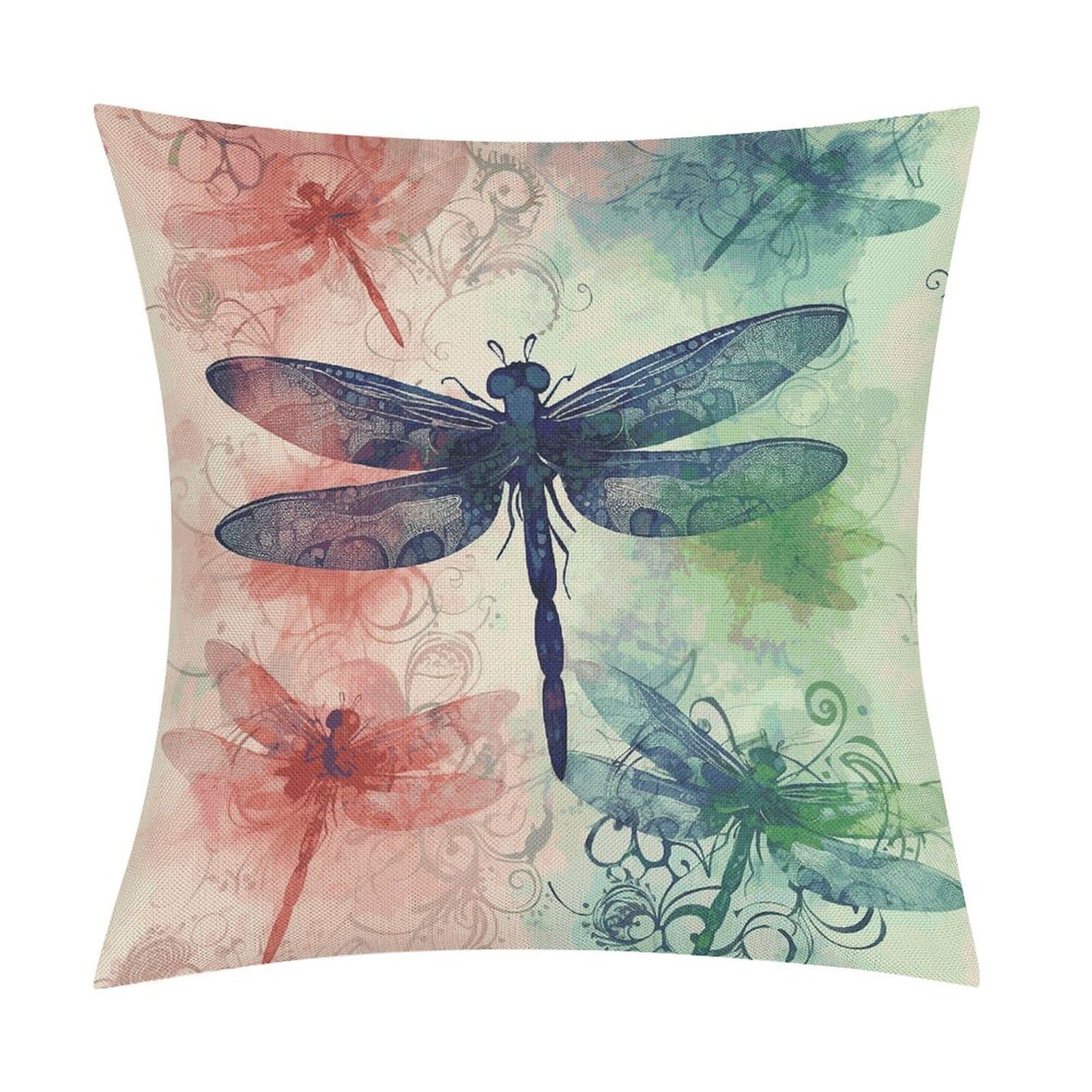JTREHY Modern Dragonfly Throw Pillow Covers Farmhouse Pillow Cover Standard Pillow Shams Decorative Square Pillowcases Soft Pillow Cases Wrinkle Fade Resistant for Couch Home 18x18 Inch
