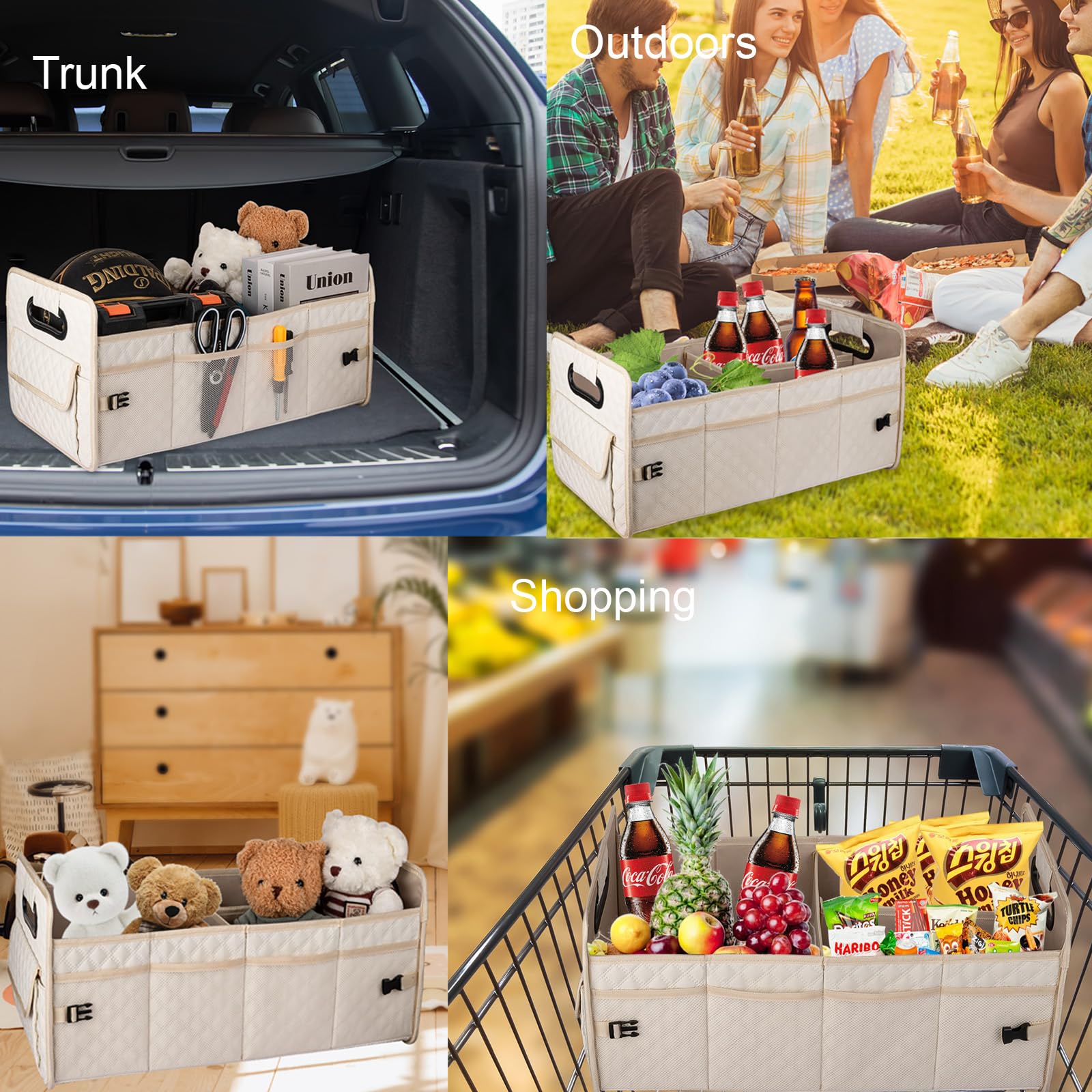 JiatuA Car Trunk Organizer for SUV, Car Storage Organizer Collapsible Multi Compartment Container Box Adjustable Car Accessories for Women Men, Beige