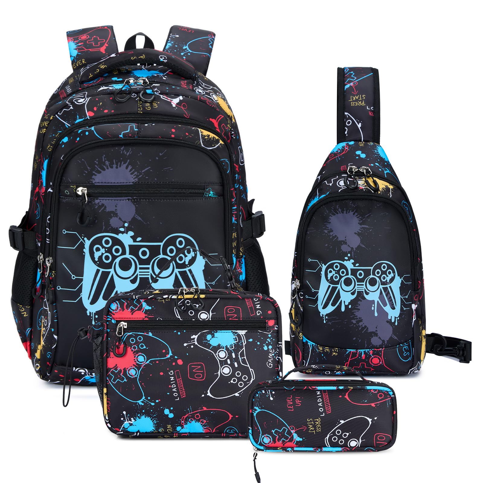 Amythe Zaino Ragazzi - Scuola Elementare e Media - Set Completo con Borsa Petto, Borza Pranzo & Astuccio – Zaino Adolescenti Grande Leggero Impermeabile per Scuola & Viaggi, Nero