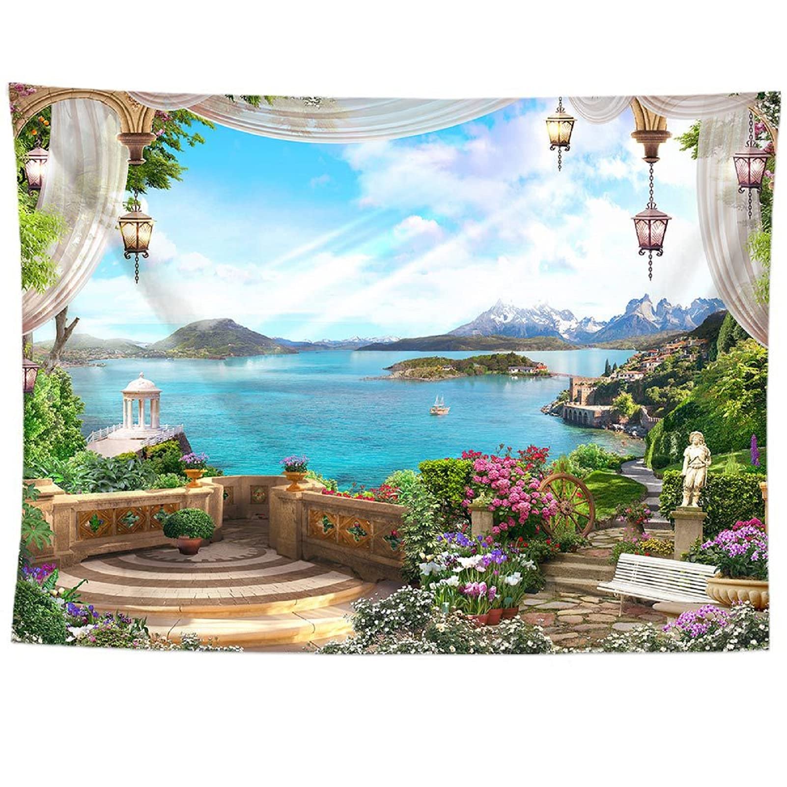 izielad Lake Mountain Flowers Palace Balcony Flowers Home Decor Wall Hanging Tapestry for Living Room Bedroom Dorm 73X95CM 28.7X37.4IN