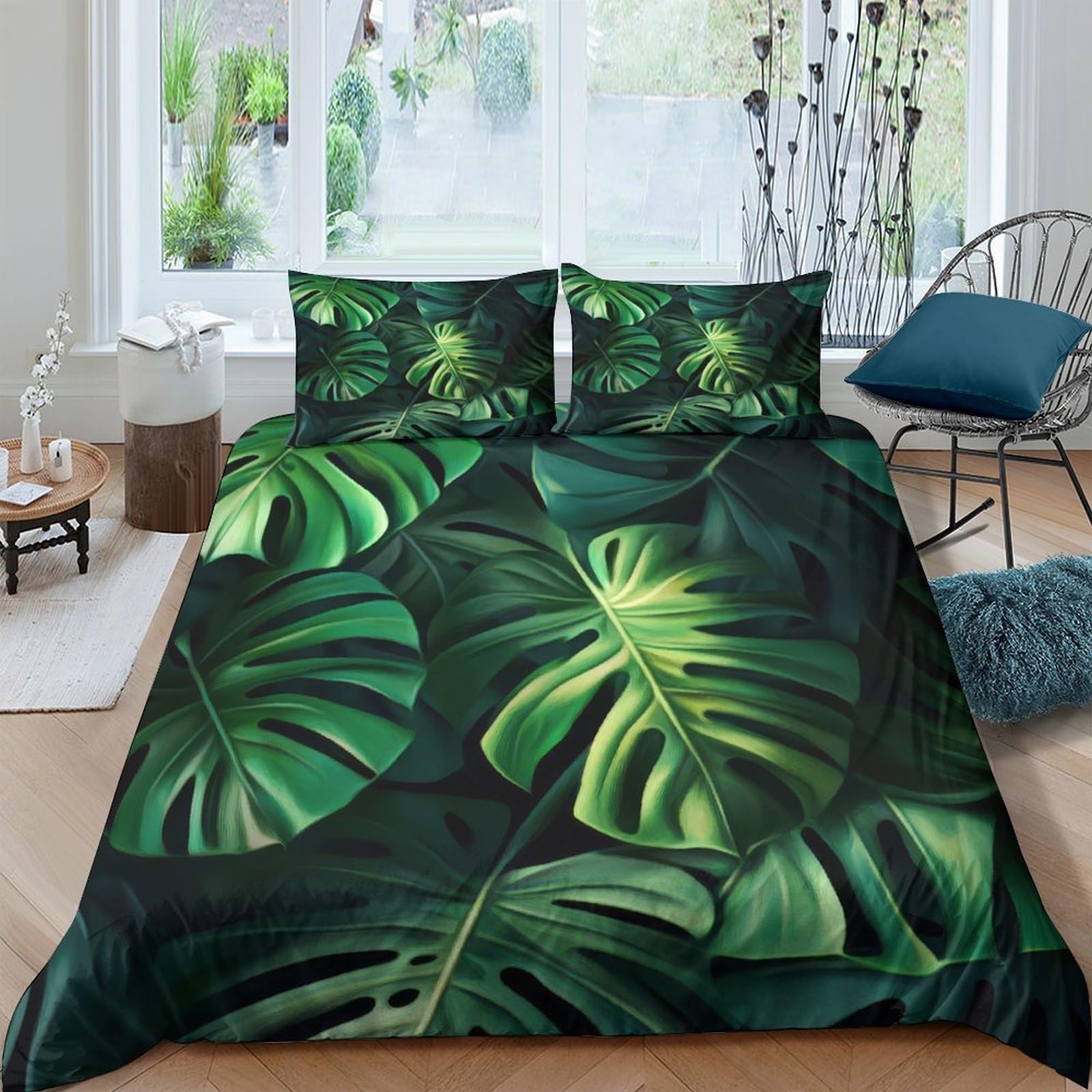GPLZQXKJNH 3D Printed Monstera Leaf Duvet Cover Set Microfiber Green Tropical Quilt Cover with 2 Pillowcases for Bedroom Decor Single（135x200cm）