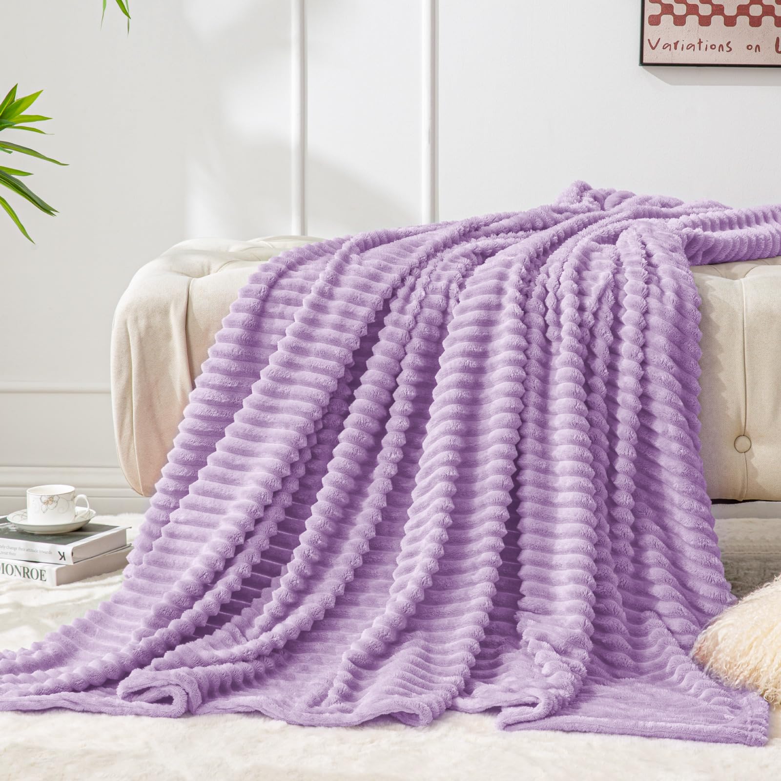BEDELITE 3D Ribbed Lavender Fleece Throw Blanket for Couch, 50x70 Inch | Soft Warm Decorative Fluffy Blanket, Cozy Plush Lightweight Fuzzy Throw Blanket for Bed Sofa Home Room Decor, Gift for Women