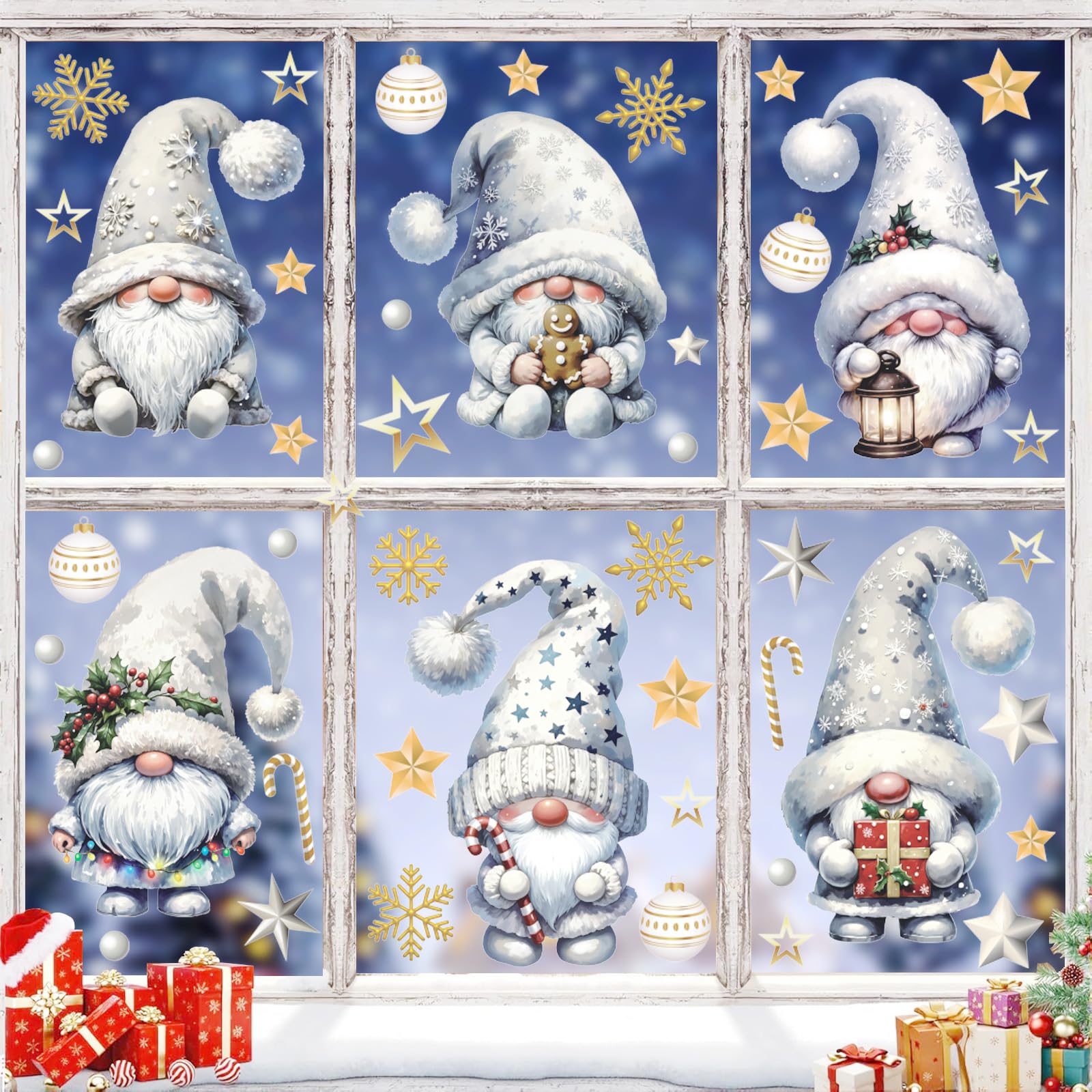 HPNIUB Christmas Window Clings,Xmas Santa Claus Wall Stickers,Dwarf Snowman Wall Decals,White Christmas Window Clings,Winter Snow Frozen Snowflake Themed Decals for Home Room Office School — image 1
