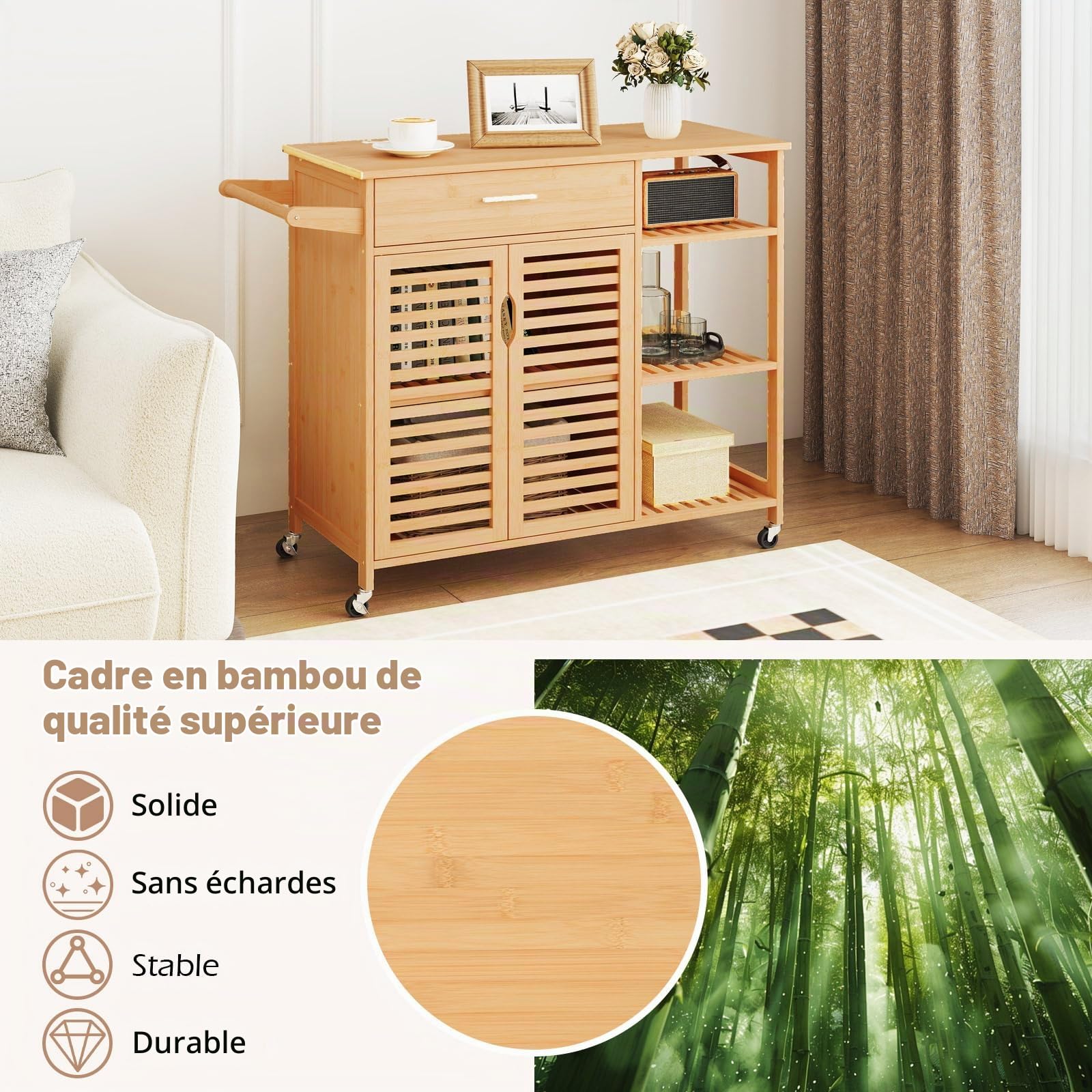 GIANTEX Chariot de cuisine sur roulettes, armoire de cuisine en bambou avec tiroir et portes à lattes, îlot de cuisine mobile, chariot de service avec étagères ouvertes et porte-serviettes, chariot de