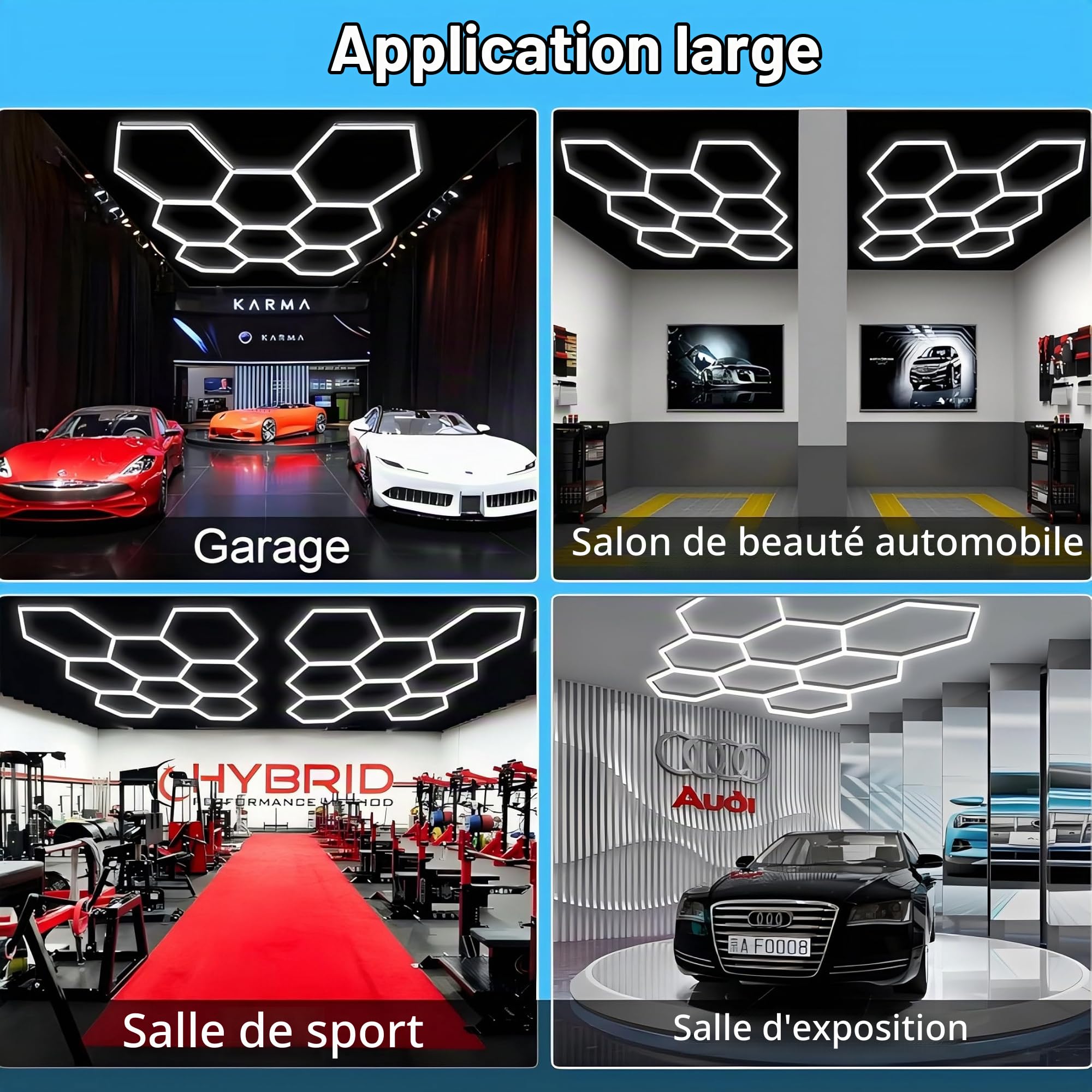 Luminaire de Garage à LED en Nid d'Abeille, 672W 6500K Plafonnier d'Atelier Déformable Dly Hexagon pour Garage, Atelier, Entrepôt, Sous-Sol, Salle de Sport(14 trous)