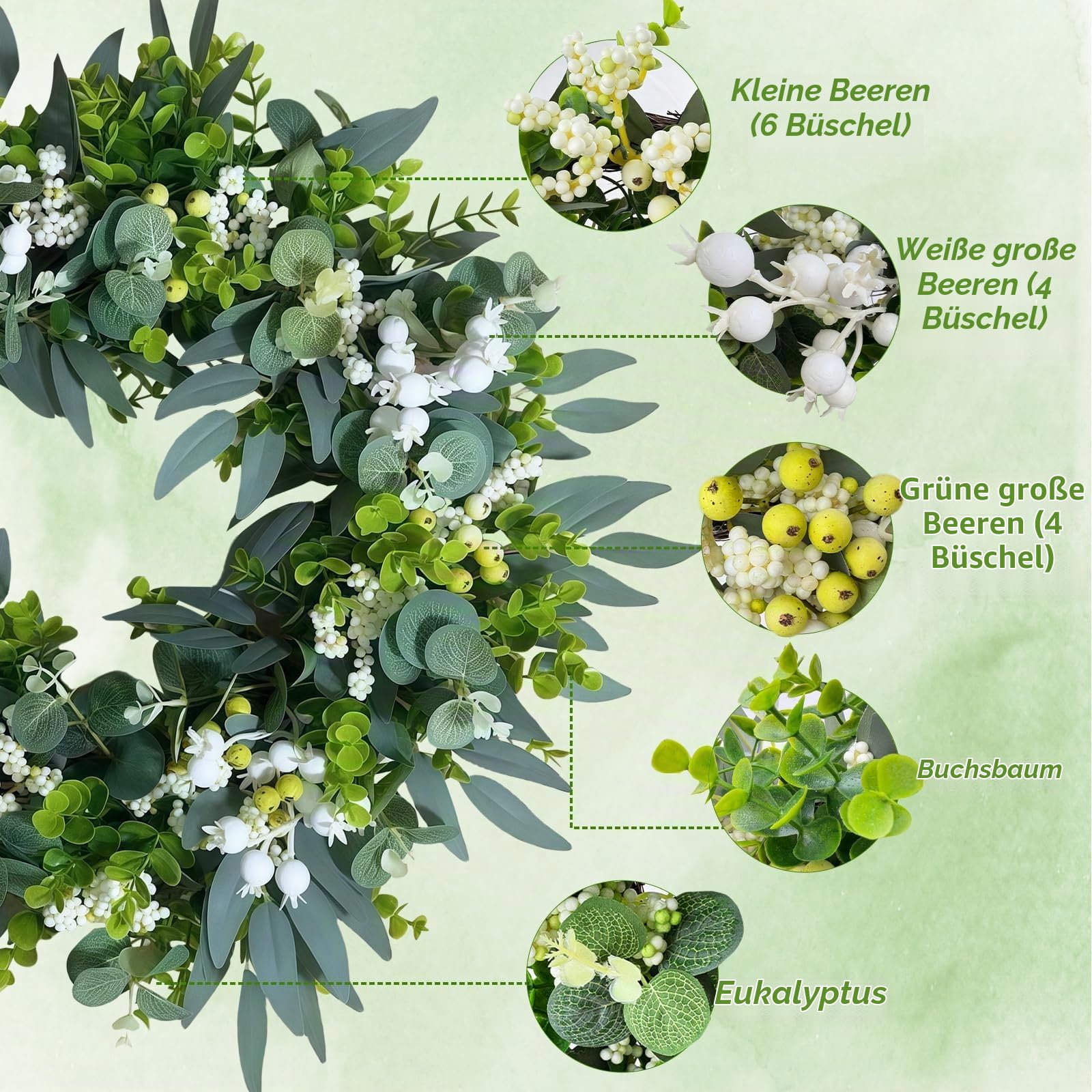 GAESHOW Eukalyptus Kranz, 50cm Künstlich Dekorative Kränze, Ganzjährig Grün, Willkommensschild Vordertür, Hängende Türkranz, Wandkranz für Bauernhaus, Hochzeiten und Saisonale Dekoration