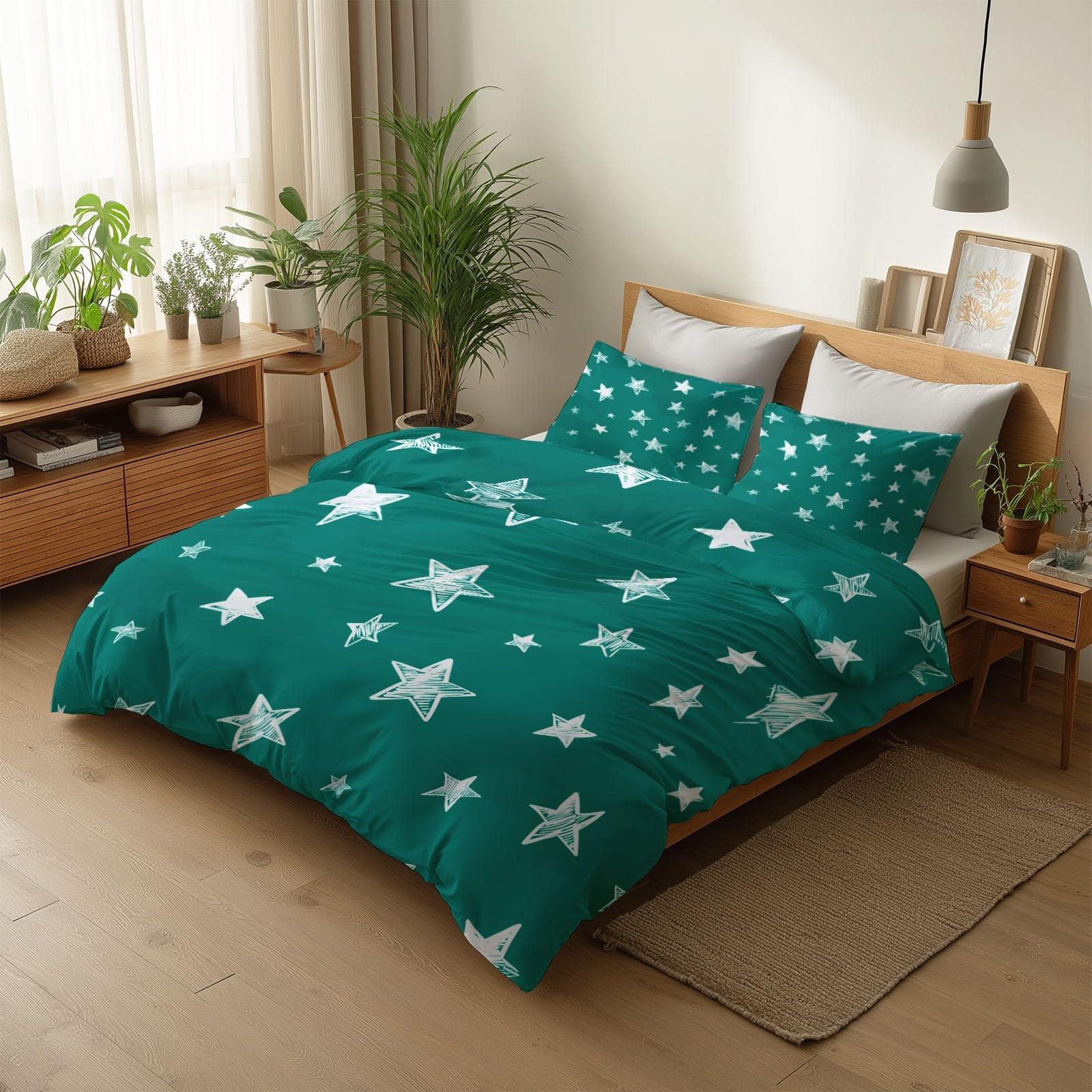 Generisch Pościel 200 x 200 cm, ręcznie rysowana, białe gwiazdki, poszewka na poduszkę z zamkiem błyskawicznym, niebiesko-zielona, deluxe, 3-częściowa, dla młodzieży, dzieci, do sypialni, poszewka na