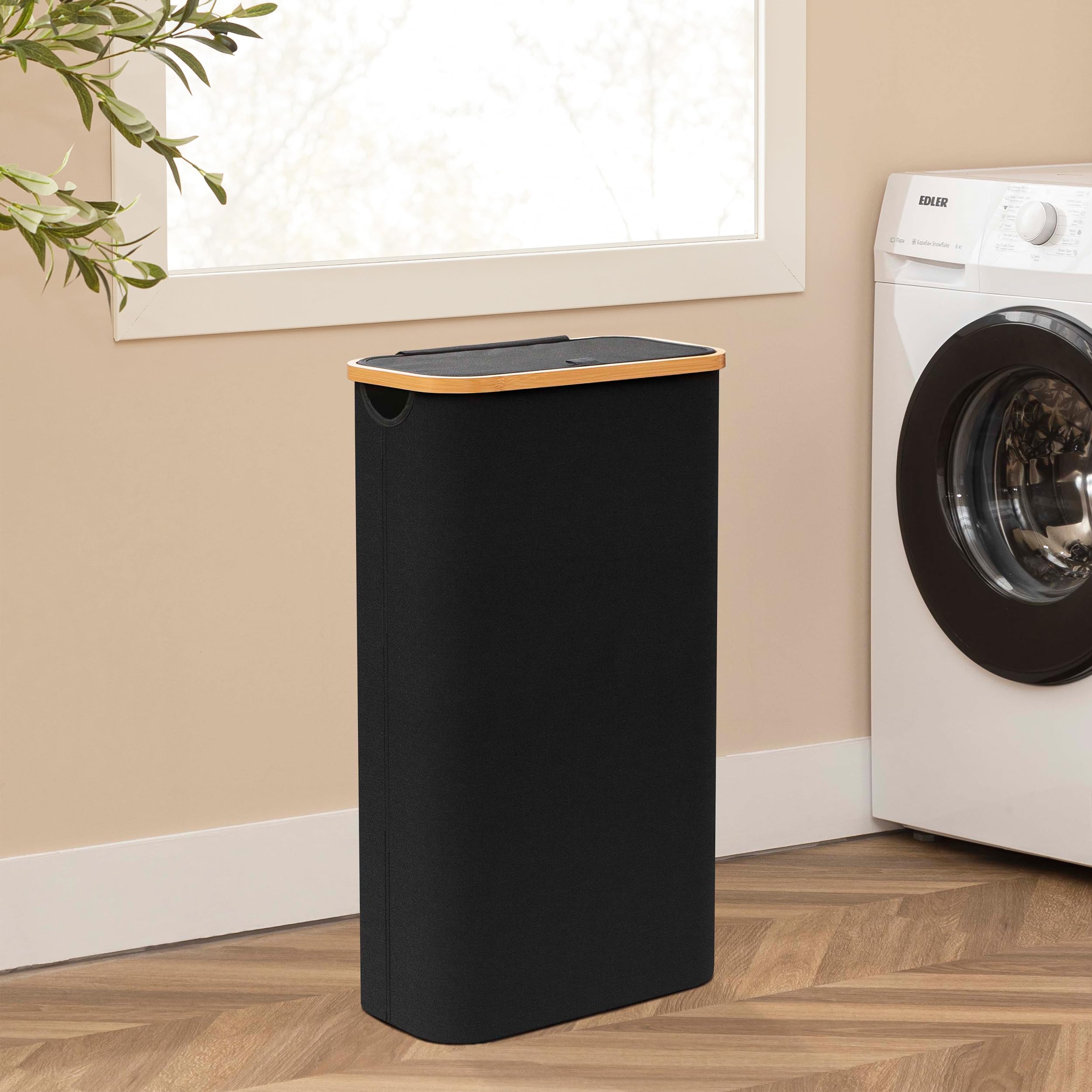Cesto portabiancheria con coperchio, 60 l, sottile, con manici in bambù e borsa interna rimovibile, cesto portabiancheria pieghevole per bagno, camera da letto, dormitorio, lavanderia (nero)