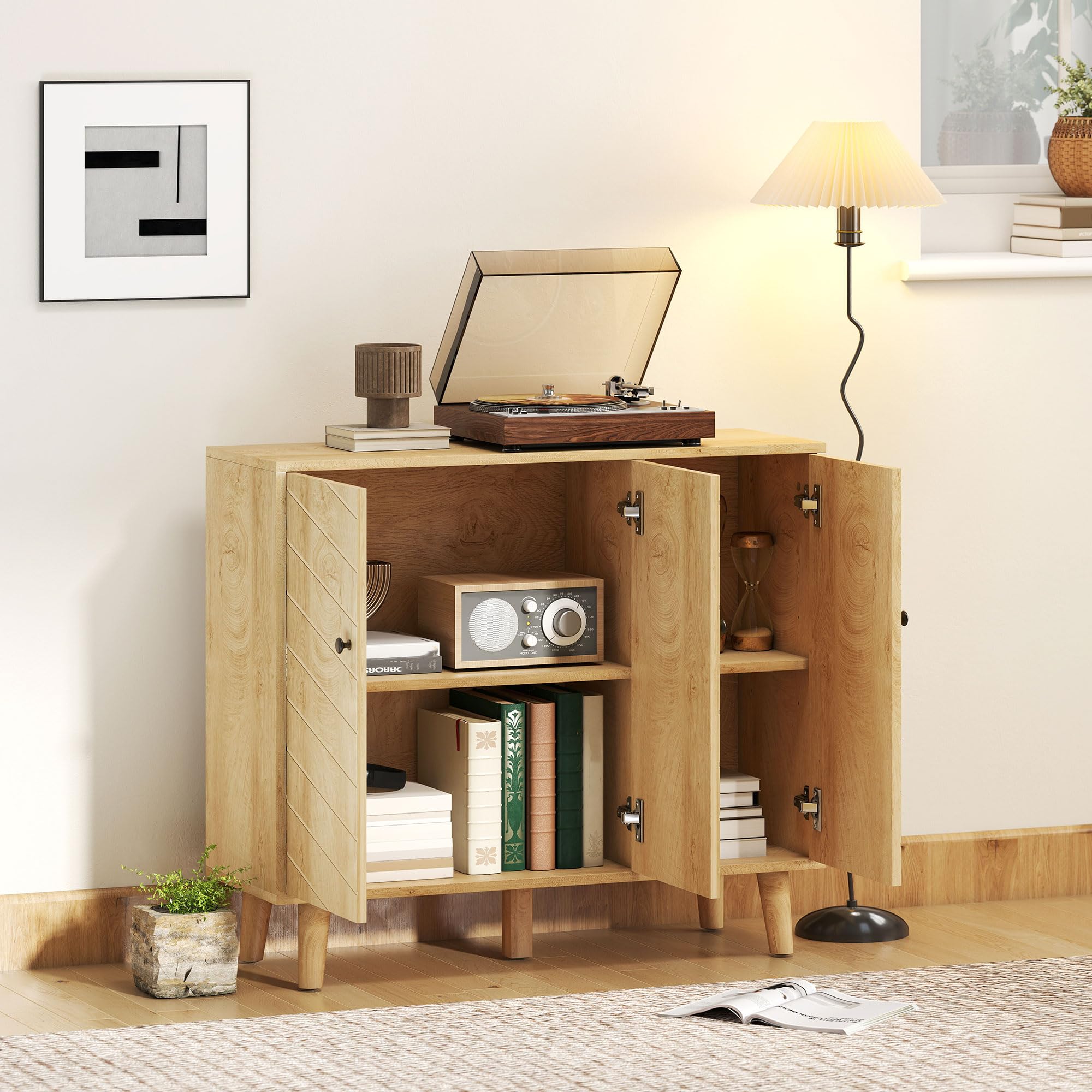 HOMCOM Buffet Cuisine Meuble de Rangement 88,3 x 30 x 76 cm Bois Naturel | 3 Portes à Motif Chevron, Pieds en Bois de Pin, Style Moderne, Buffet Salle à Manger, Salon, Meubles de Salle à Manger