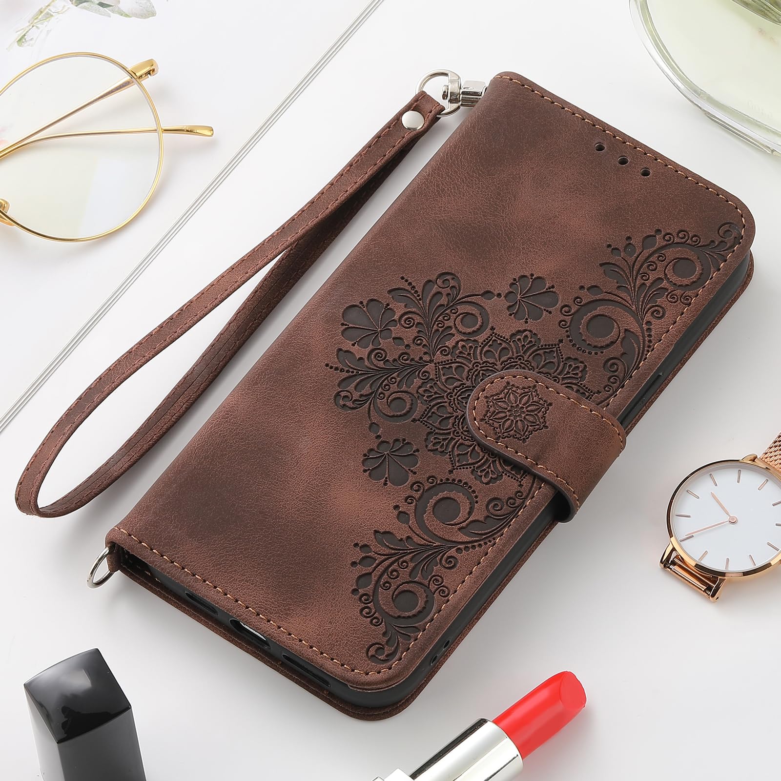 Etui na telefon Auslbin Flower dla Xiaomi Poco X6 Pro 5G/ Redmi K70e 6.67", 5 miejsc na karty Etui ochronne ze skóry PU w stylu vintage dla Poco X6 Pro 5G/ K70e, brązowy