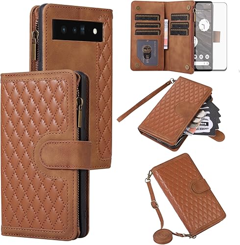 Asuwish Funda para teléfono para Google Pixel 6 Pro con protector de pantalla de vidrio templado y correa para la muñeca, cremallera abatible,