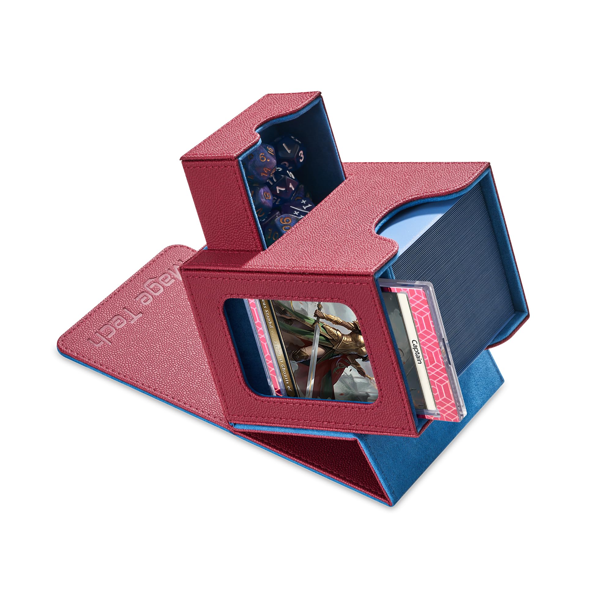 Mage Tech Karten-Deck-Box für MTG Commander – patentiertes Design, Commander Display, passend für 100 doppelärmelige Karten, 35pt Karten- und Würfeltablett – Rot/Blau