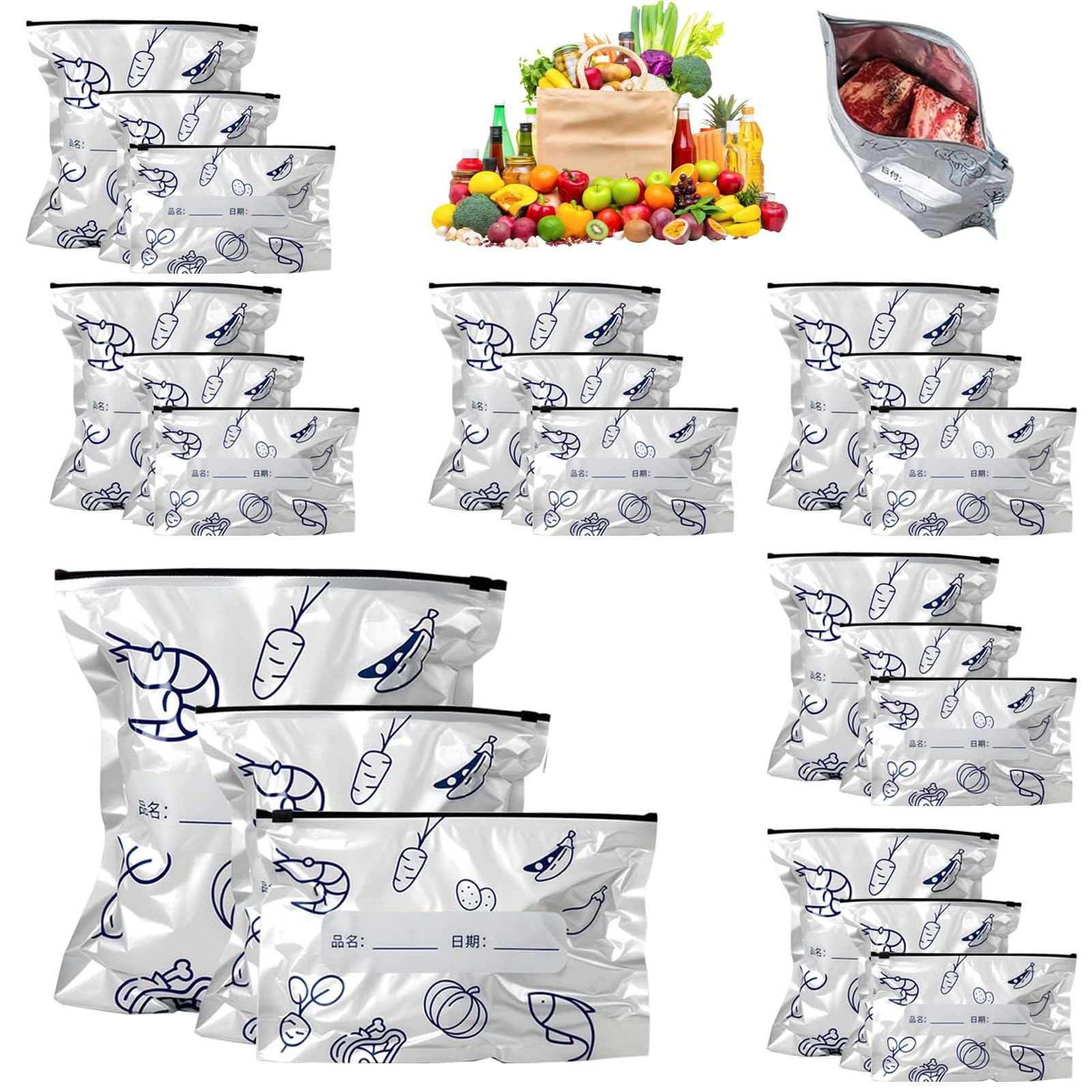 3 Size Reusable Aluminum Foil Sealable Storage Bags, With Label and Zip Lock, Self Sealing Pouches For Packaging, Food Storage, Resealable Stand Up Pouches For Vegetables, Fruits, and Meat, Pack of 30