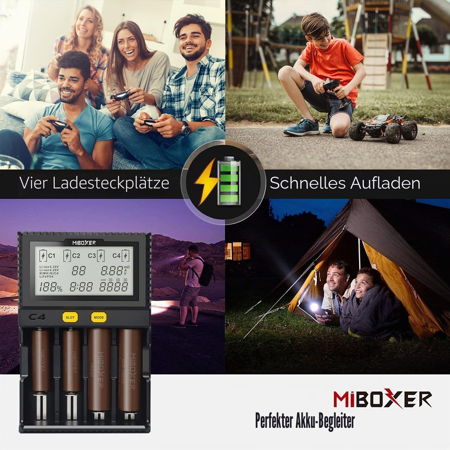 Universal akku Ladegerät, 18650 Baterieaufladegerät mit 4 Schacht, LCD-Display Batterien Ladegerät für Li-Ion LiFePO4 NI-MH NI-Cd AA AAA C 18350 18500 18700 20700 21700 26650 RCR123.