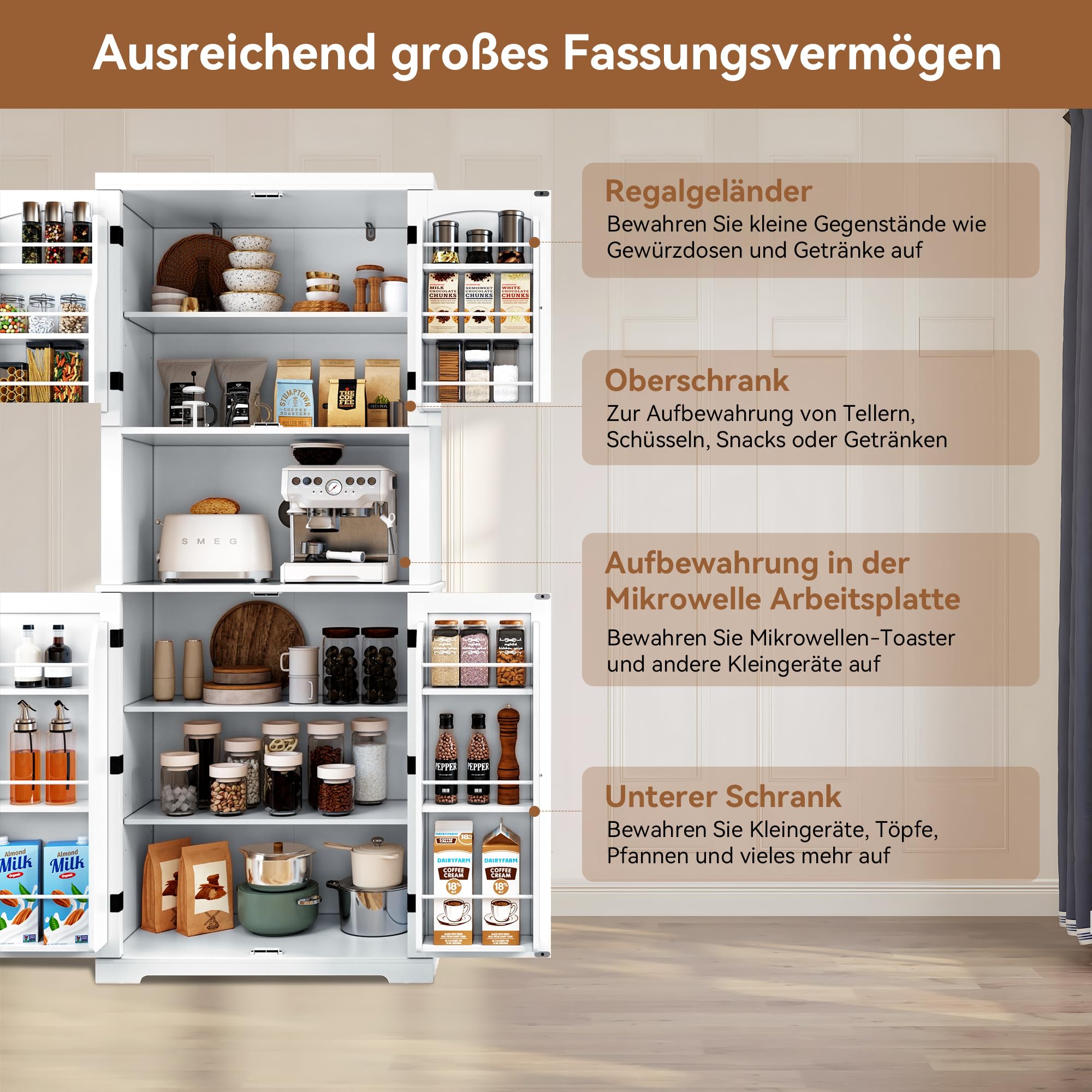 HOLTICO Küchenschrank mit Arbeitsplatte, Hochschrank Küchenbuffet Buffetschrank, Esszimmerschrank, Speisekammer mit Türen und Regalen für Esszimmer, Wohnzimmer, Waschküche,Weiß