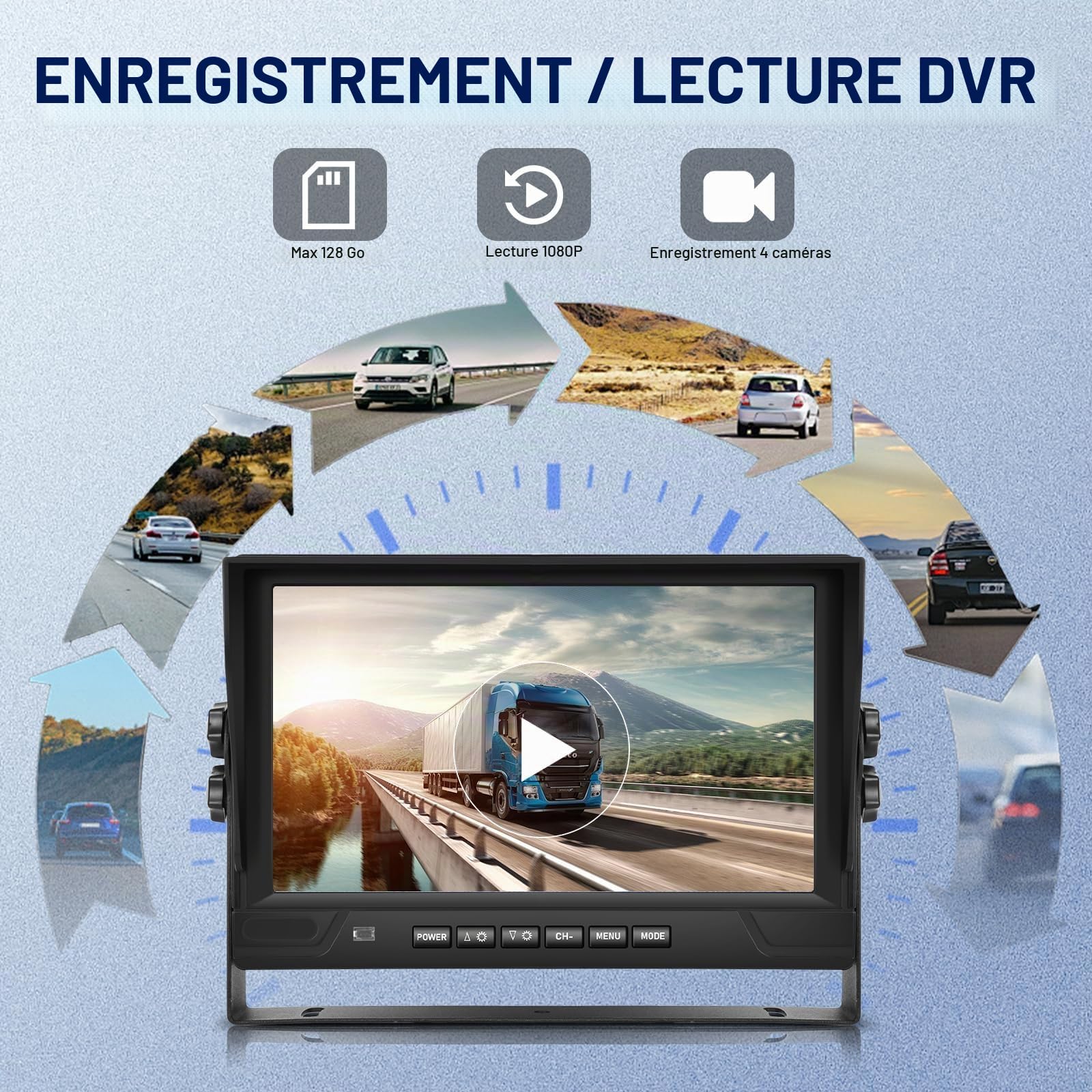 Caméra de Recul pour Voiture 1080P avec 4 Écrans Divisés Moniteur 9 Pouces, supportant 4 Caméras DVR/IP68/Vision Nocturne pour Camion, Camping-Car, Remorque, avec Câbles 2x10 M et 2x20 M
