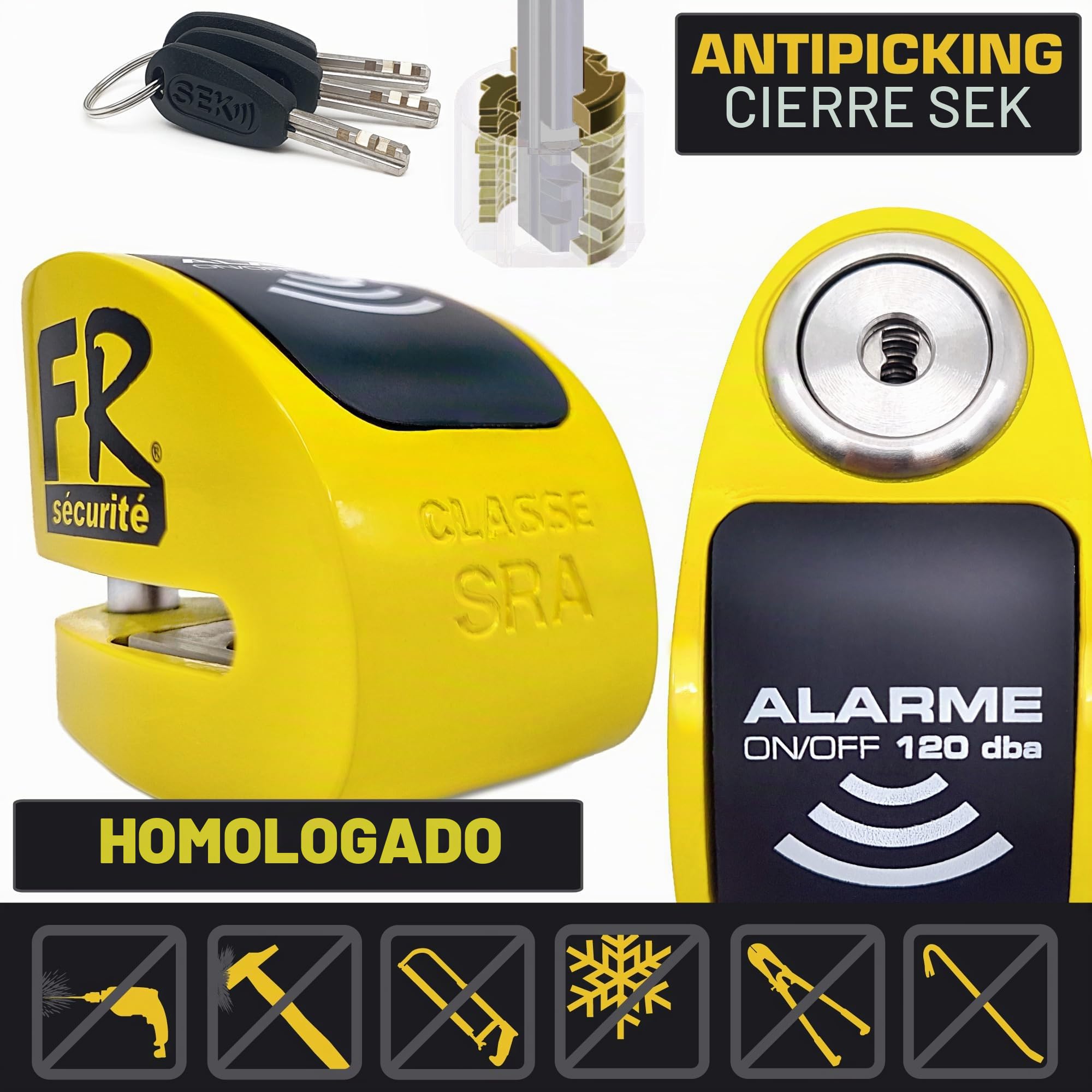 FR Sécurité FR410Y Candado Moto Disco Homologado SRA, Más Disuasorio, Alarma ON/Off 120dB Opcional, Mas Disuasorio, Cerradura Alta Seguridad, Bloqueo Pinza Antirrobo Freno para Motocicleta Scooter