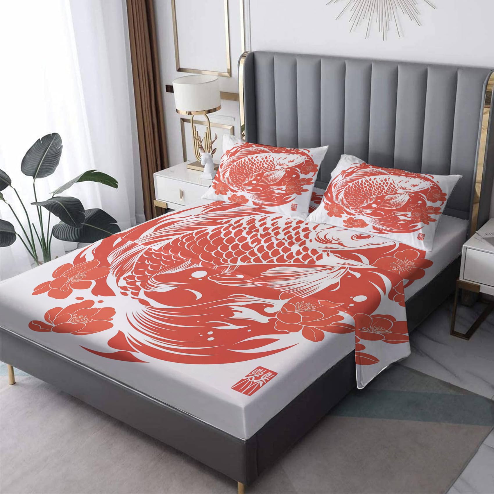 Zvynqour Koi Japanese Style Bed Sheet Set, 16 Inch Deep Fitted Sheets, Flat Sheets & Pillowcases, 4 Piece Set, Fish Bedding & Decor -