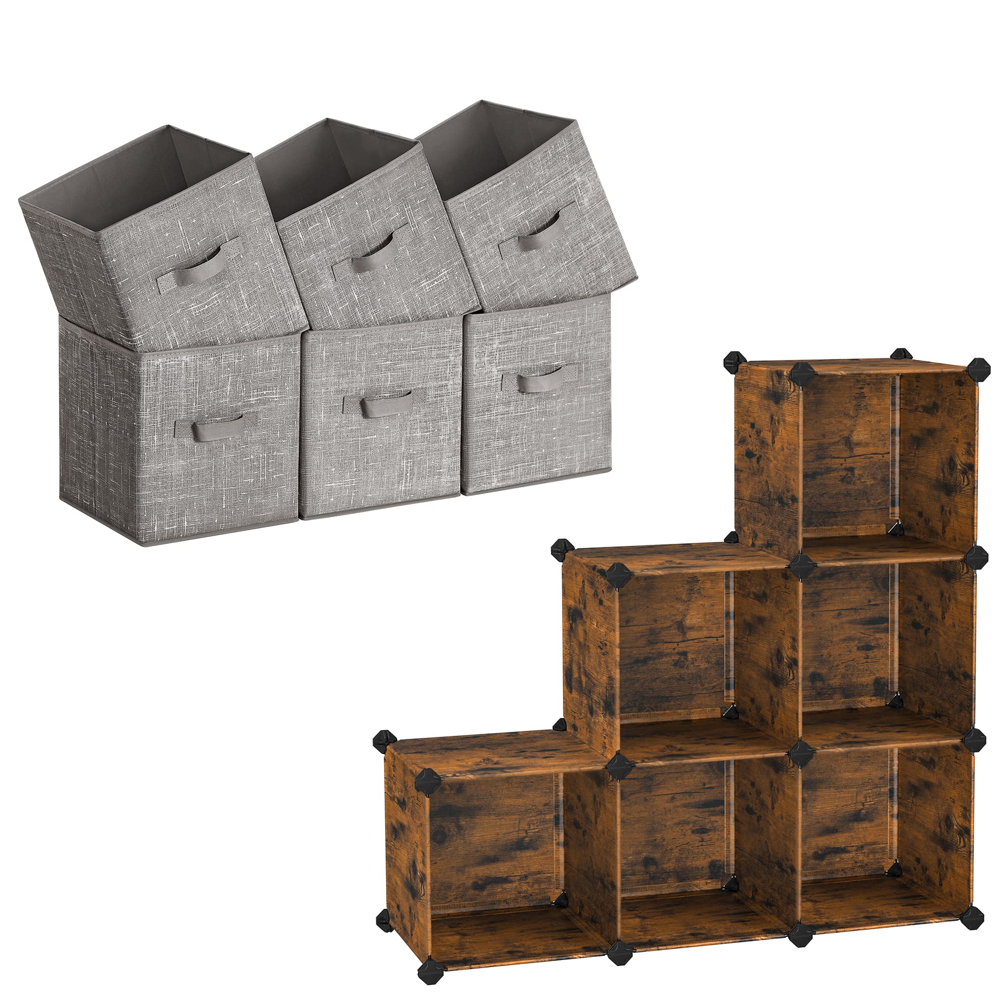 SONGMICS Storage Cubes and Cube Storage Organizer Bundle, 6 Non-Woven Fabric Bins with Double Handles, 6 Cube Closet Organizers and Storage, Taupe and Rustic Brown UROB026K01 and ULPC111A01