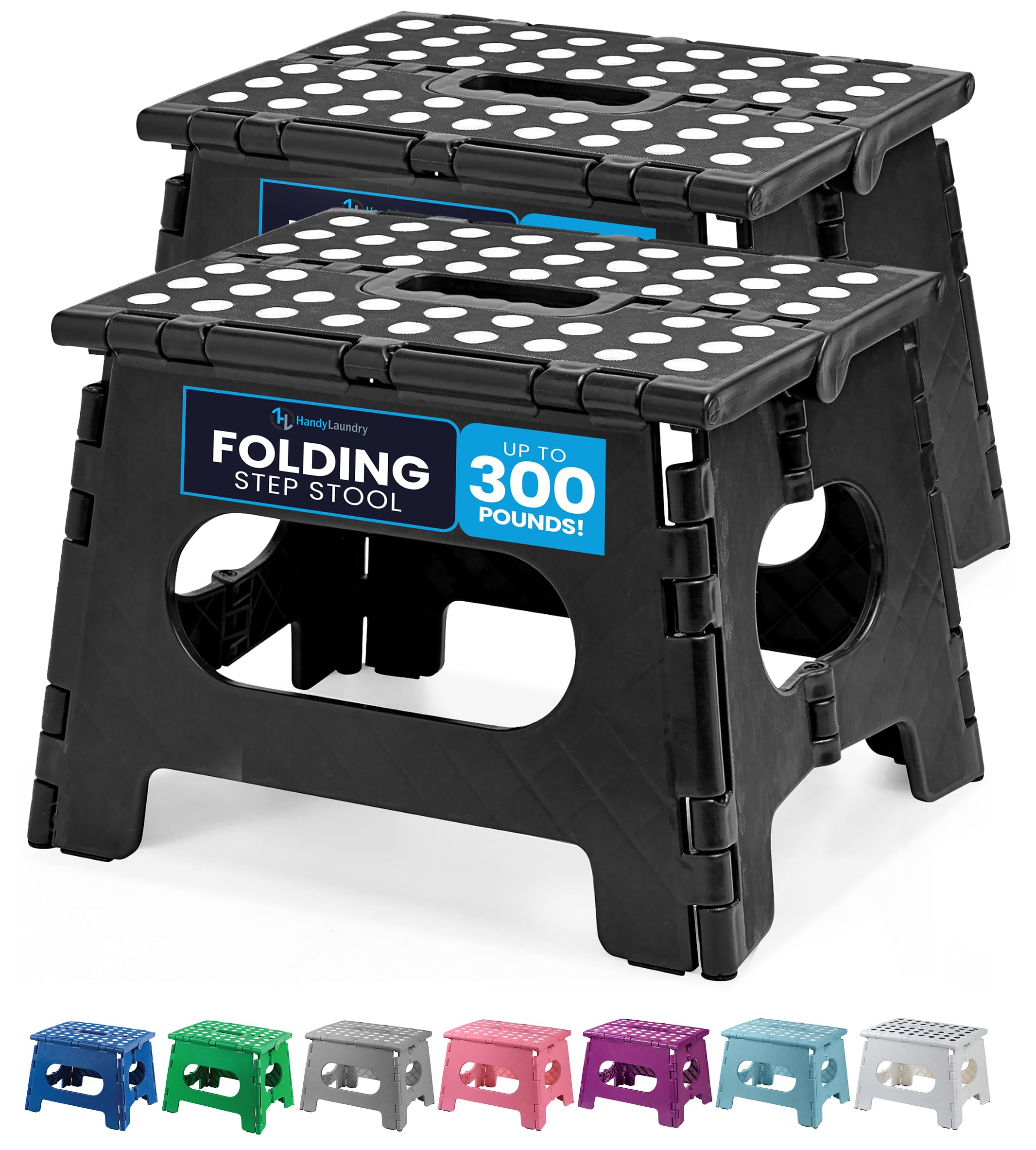 Handy Laundry Folding Lightweight Step Stool - Sturdy Enough to Support Adults and Safe Enough for Kids - Opens Easy with One Flip - Great for Kitchen, Bathroom or Bedroom (Black | 2-Pack)