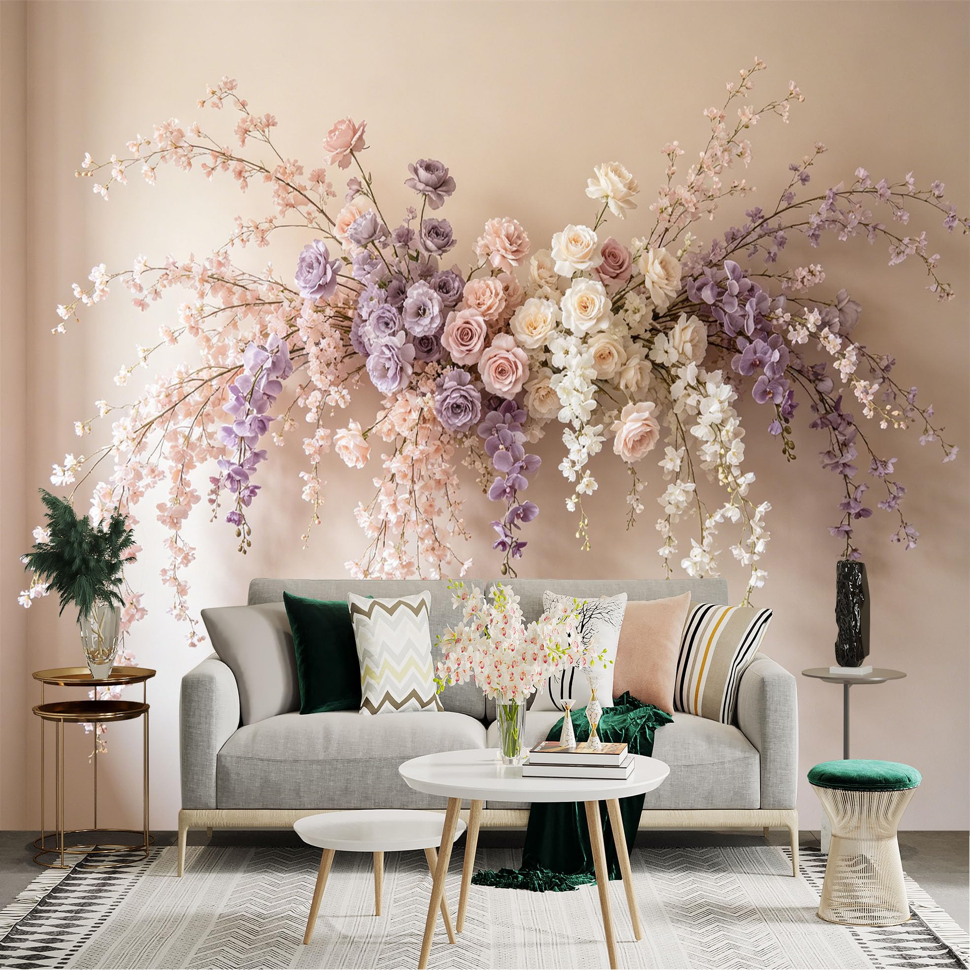 Lnzczhyre Dbh260521897 Custom Size Wall Sticker Mural， Elegant Pastel Floral Arrangement， Soft Pink And Purple Rose Blossoms， Romantic Botanical Hanging Flowers， For Wall Decoration， Peelandstick Wall Decals.