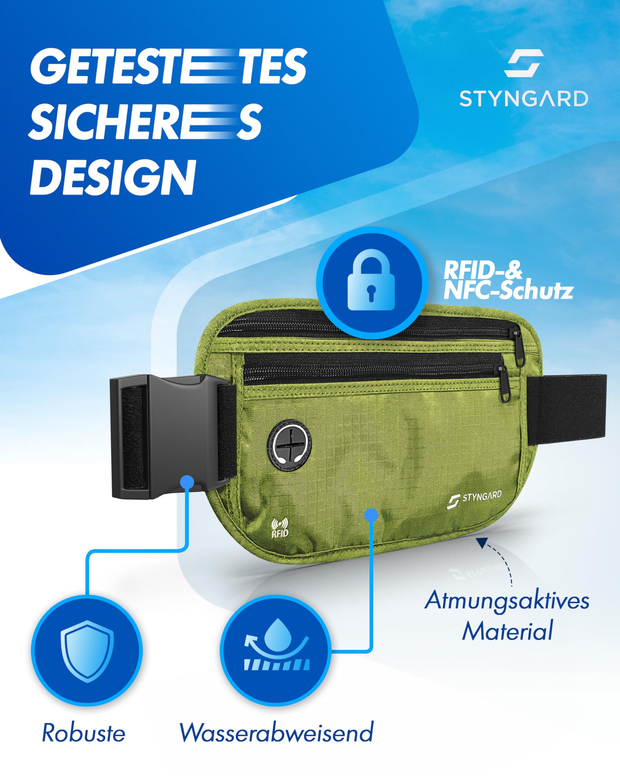 Flache Bauchtasche diebstahlsicher RFID Schutz - Geldgürtel zum Umhängen - Reise Bauchtasche mit Diebstahlschutz - Brustbeutel Damen und Herren Sport - STYNGARD - Modell Madrid