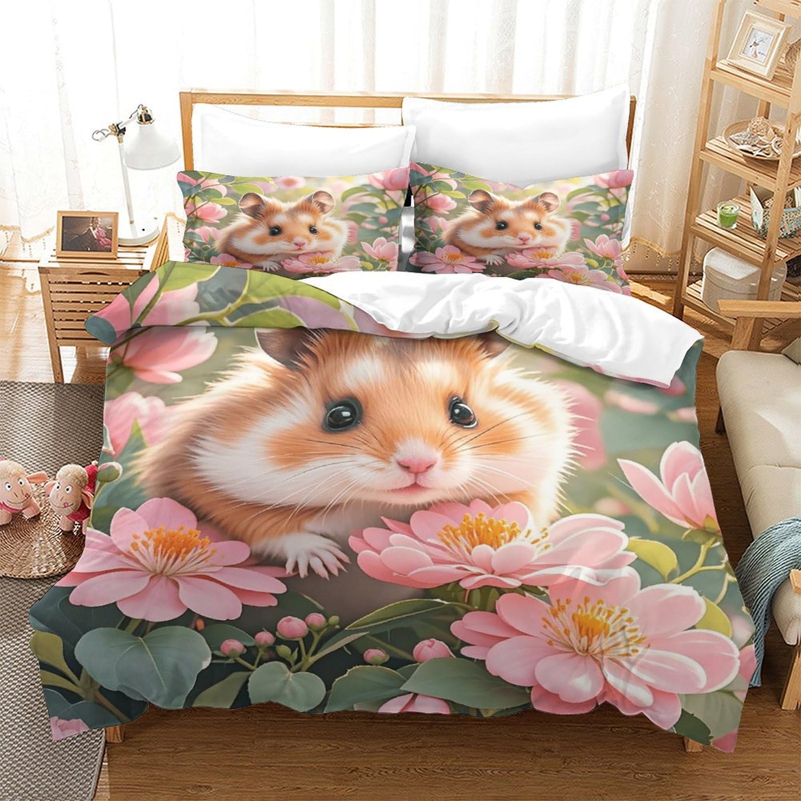 Wxlwhr Style-2 Duvet Cover Set Syrian Hamster Pink Flower 3D Printed Bedding Set - Ultra Soft Microfiber, Hidden Zipper & Pillowcases For Kids' Bedroom Double（200X200cm）
