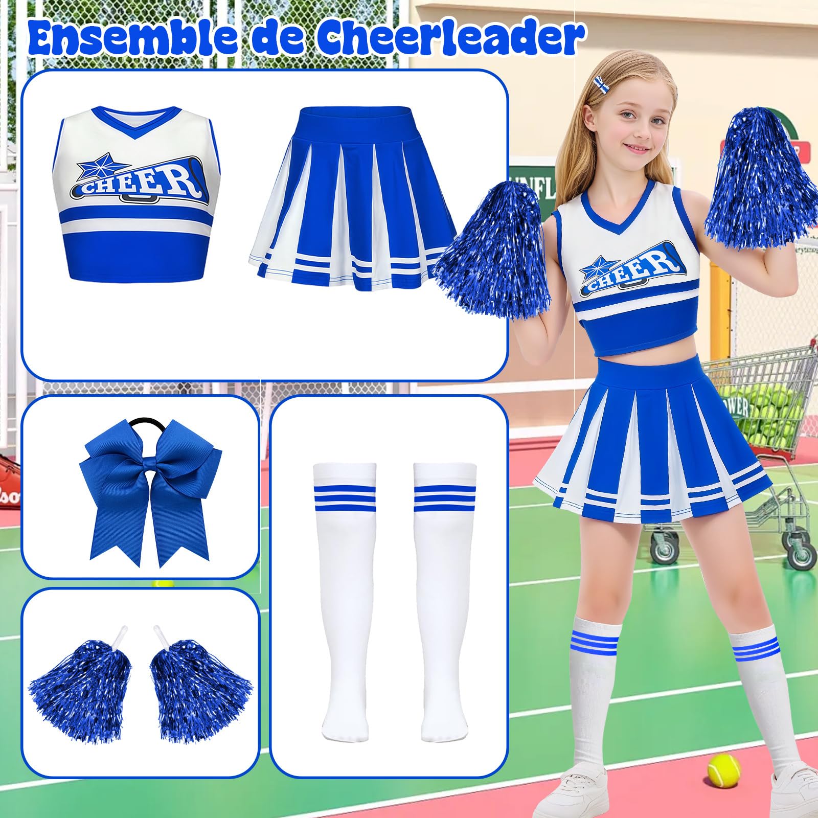 Luckyou Vestito Cheerleader Bambina Costume da Cheerleader Ragazze con Pompoms Calze Vestito Carnevale Bambina per Halloween Giornata Sportiva - 3