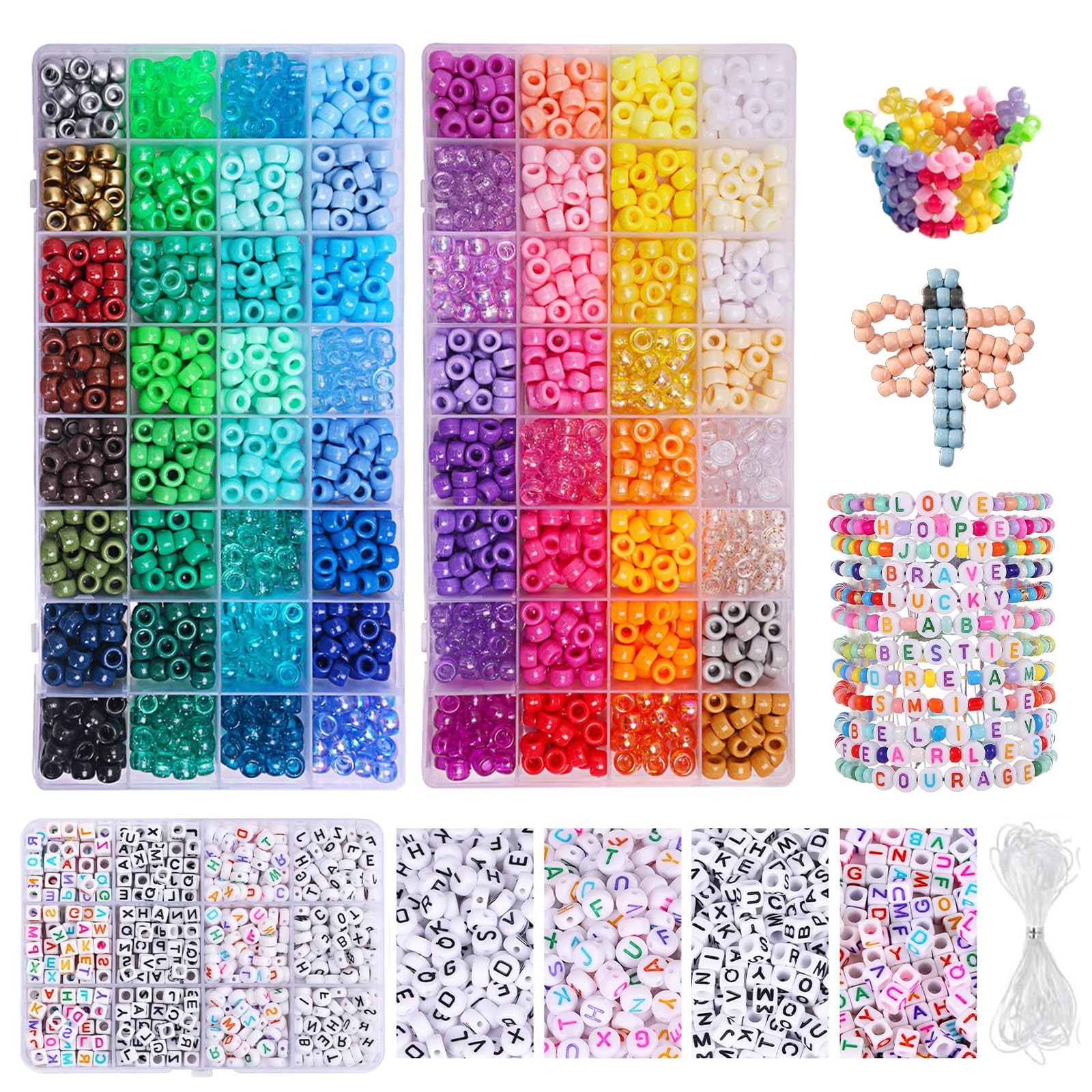 GMHLLES Pony Beads Set with 800 Kandi Beads, 500 Letter Beads & 5m String - Perfect for DIY Jewelry,Kids' Crafts,and Friendship Bracelets