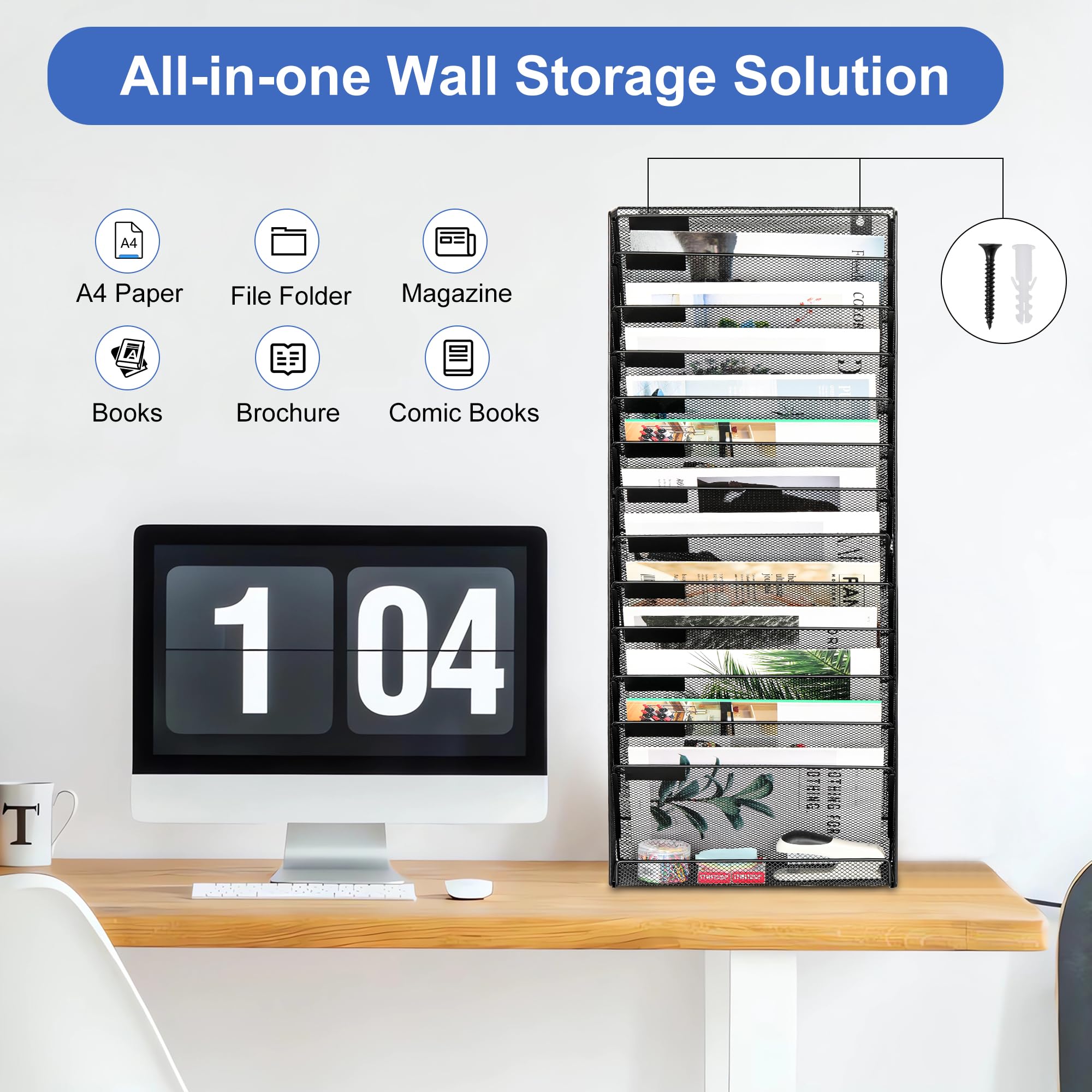 EasyPAG 14 Tier A4 Mesh Wall Mounted File Holder Mail Magazine File Holder Black