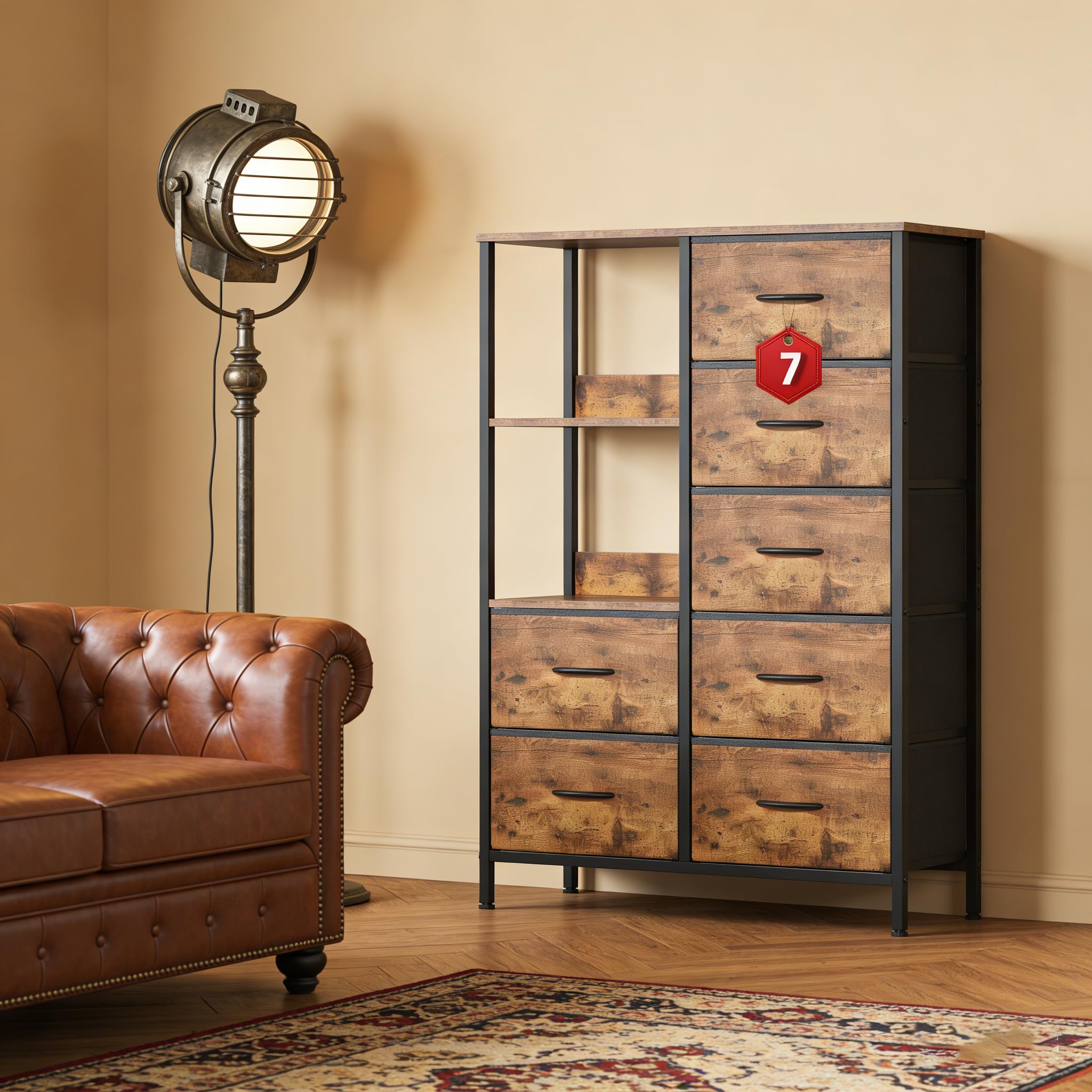 Feonase Chest of Drawers, 7 Fabric Drawers Cabinet with Open Shelves, Wood Top and Sturdy Steel Frame for Bedroom, Living Room(Rustic Brown)