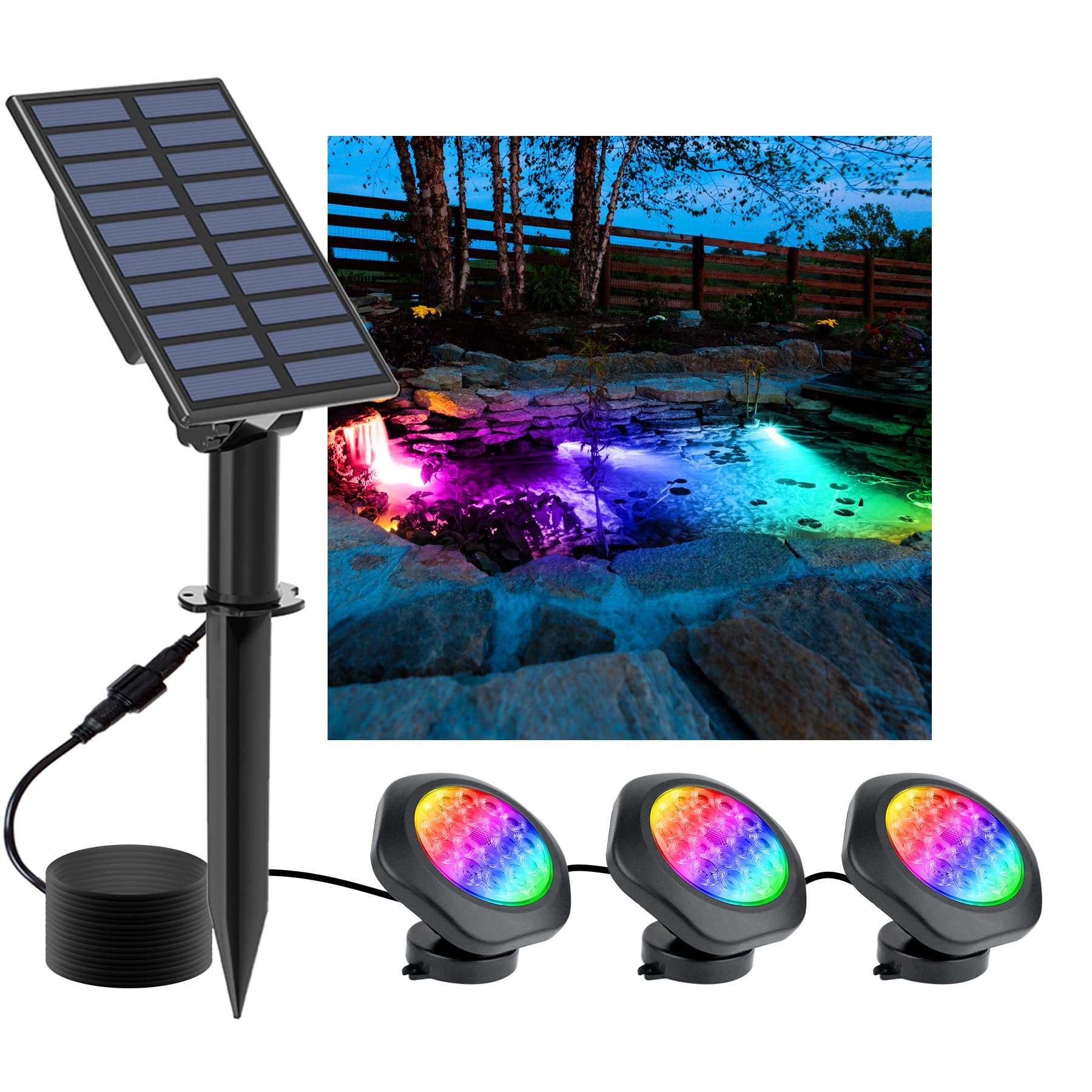 Solar Pond Lights, 18 LED Super Bright RGB LED Underwater Spotlights Color Changing Submersible Pond Light IP68 Waterproof Fountain Lights for Fish Aquarium Tank Garden Yard Pool (3-in-1)