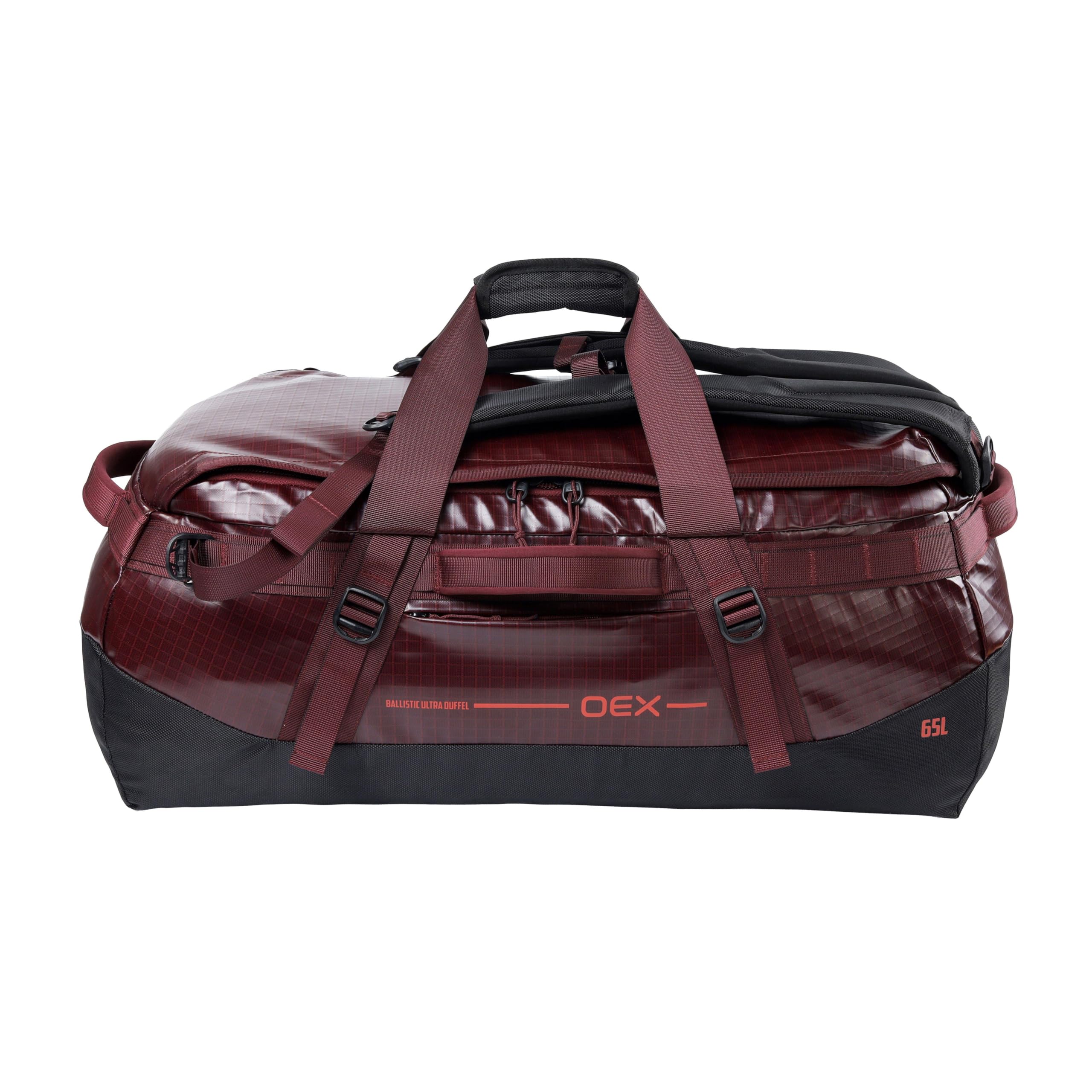 OEX Ballistic Ultra Duffel Bag, 65L, Polyester Ripstop with TPU Coating, for Travel and Outdoor Use, Adjustable Detachable Shoulder Straps, 64x27x30cm (Red, 65 Litre)