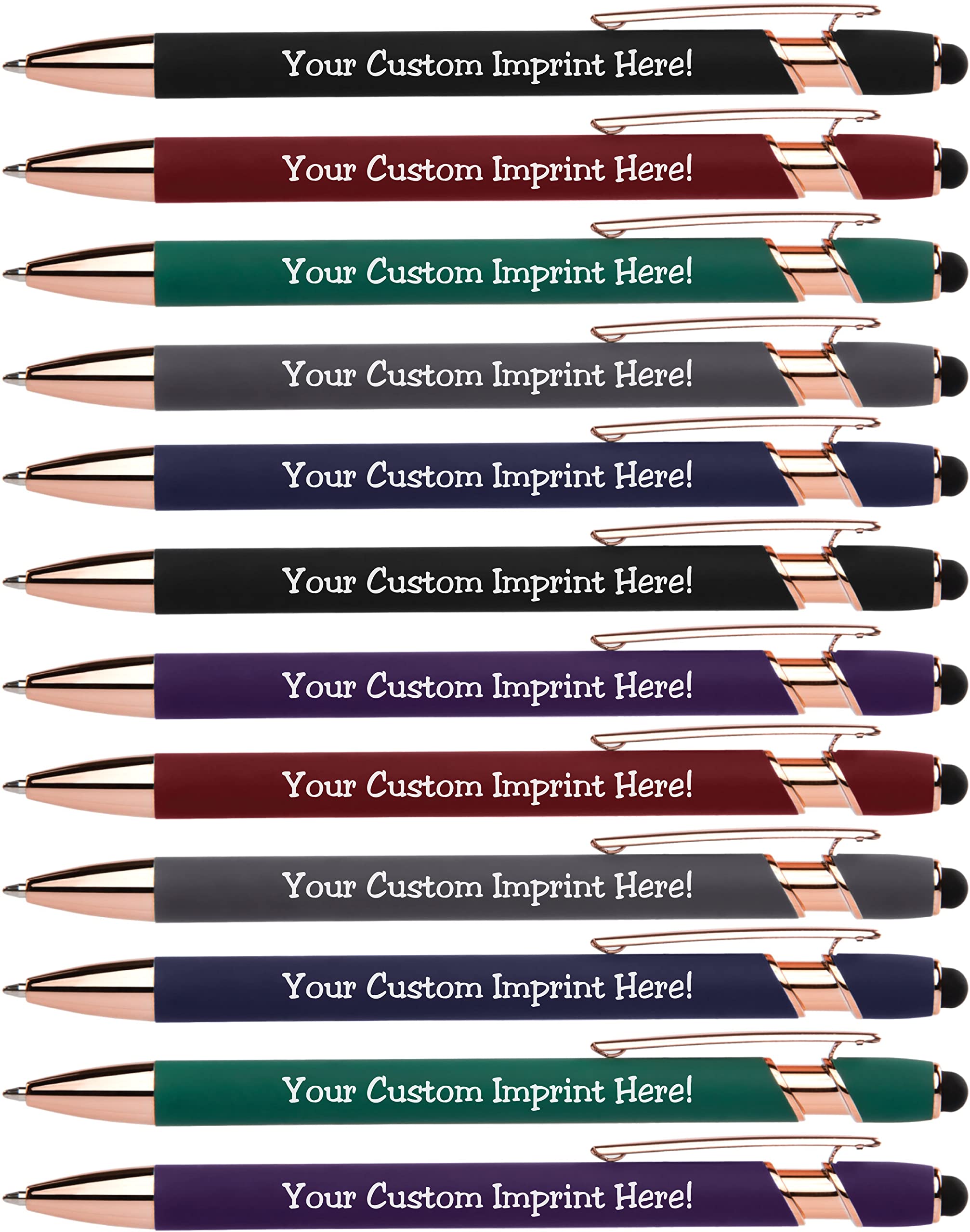 ExpressDesigns™ - Rose Gold Premium Custom Pens with Stylus | Rose Accent | Personalized Soft Touch Metal Printed Name Pens w/Black Ink - Imprinted w/