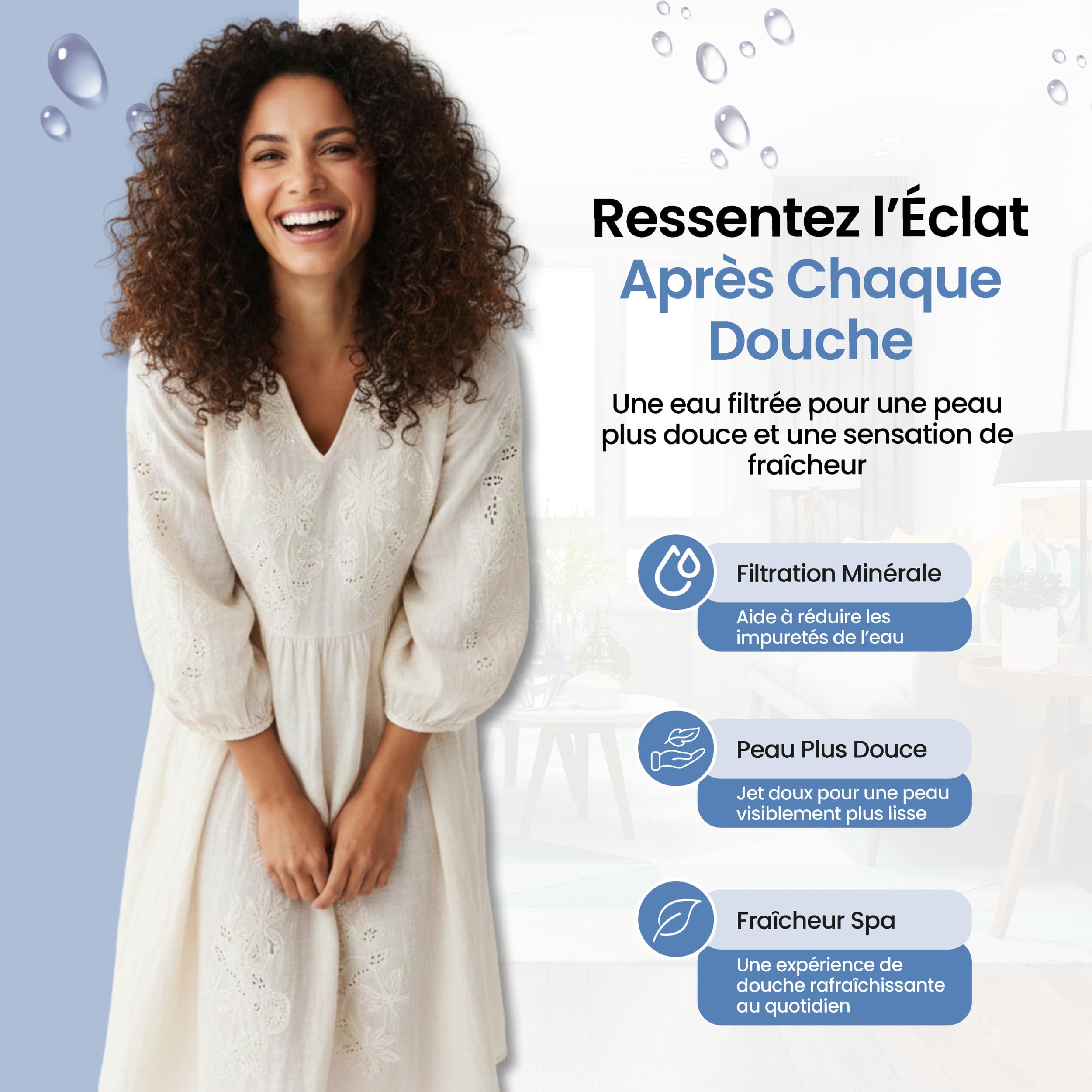 MELTA® Pommeau de Douche Haute Pression Filtrant avec Flexible 1,5 m – Douchette Anti Calcaire avec Filtre Minéral, 5 Modes de Jet, Bouton Stop Eau, Installation Sans Outils, Universel (CHROME POLI) - 4