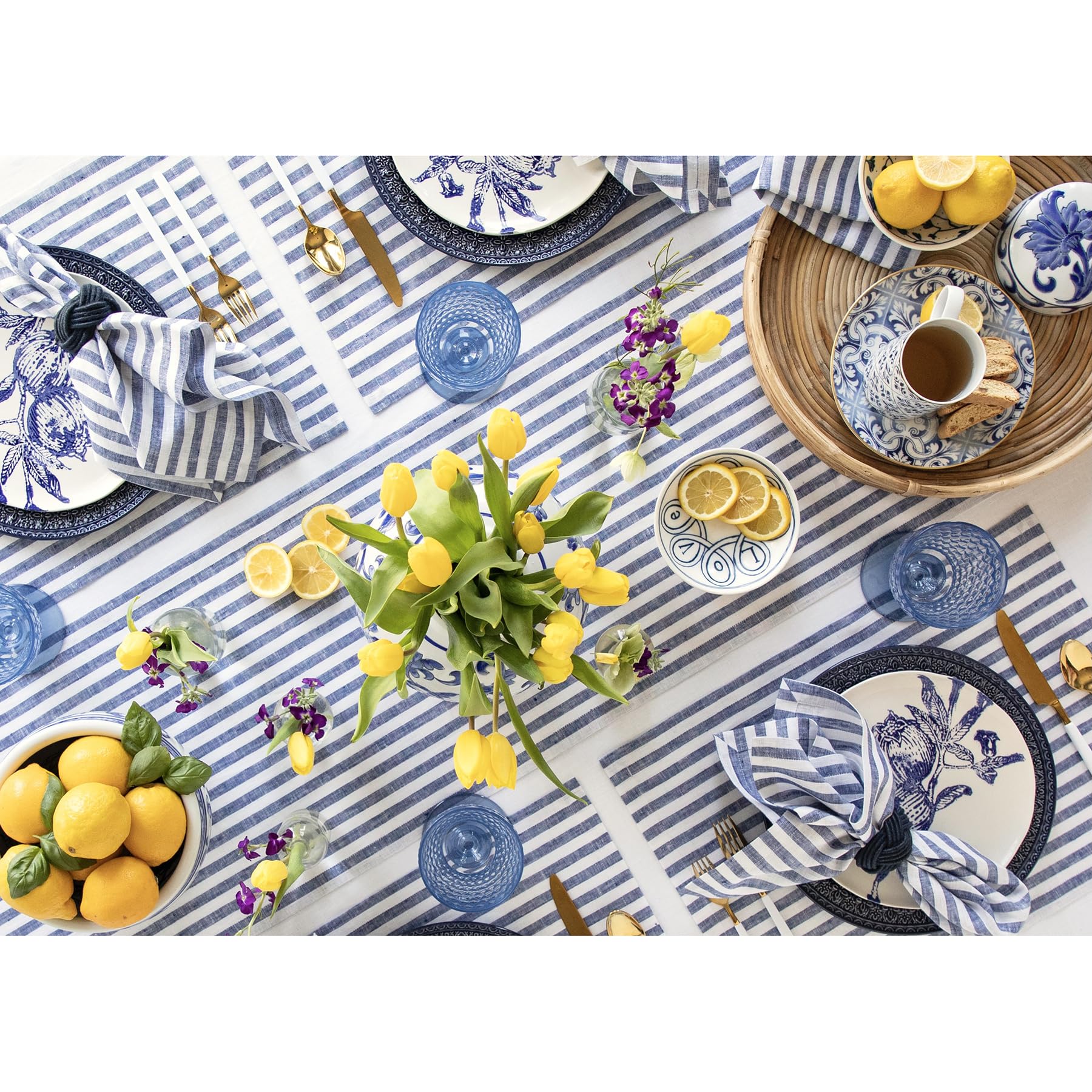 Solino Home Camino de mesa de lino a rayas de 72 pulgadas de largo, 100 % lino puro, color azul marino y blanco, 35,5 x 183 cm, ideal para comedor, boda, fiestas, primavera, día de la madre, Pascua,