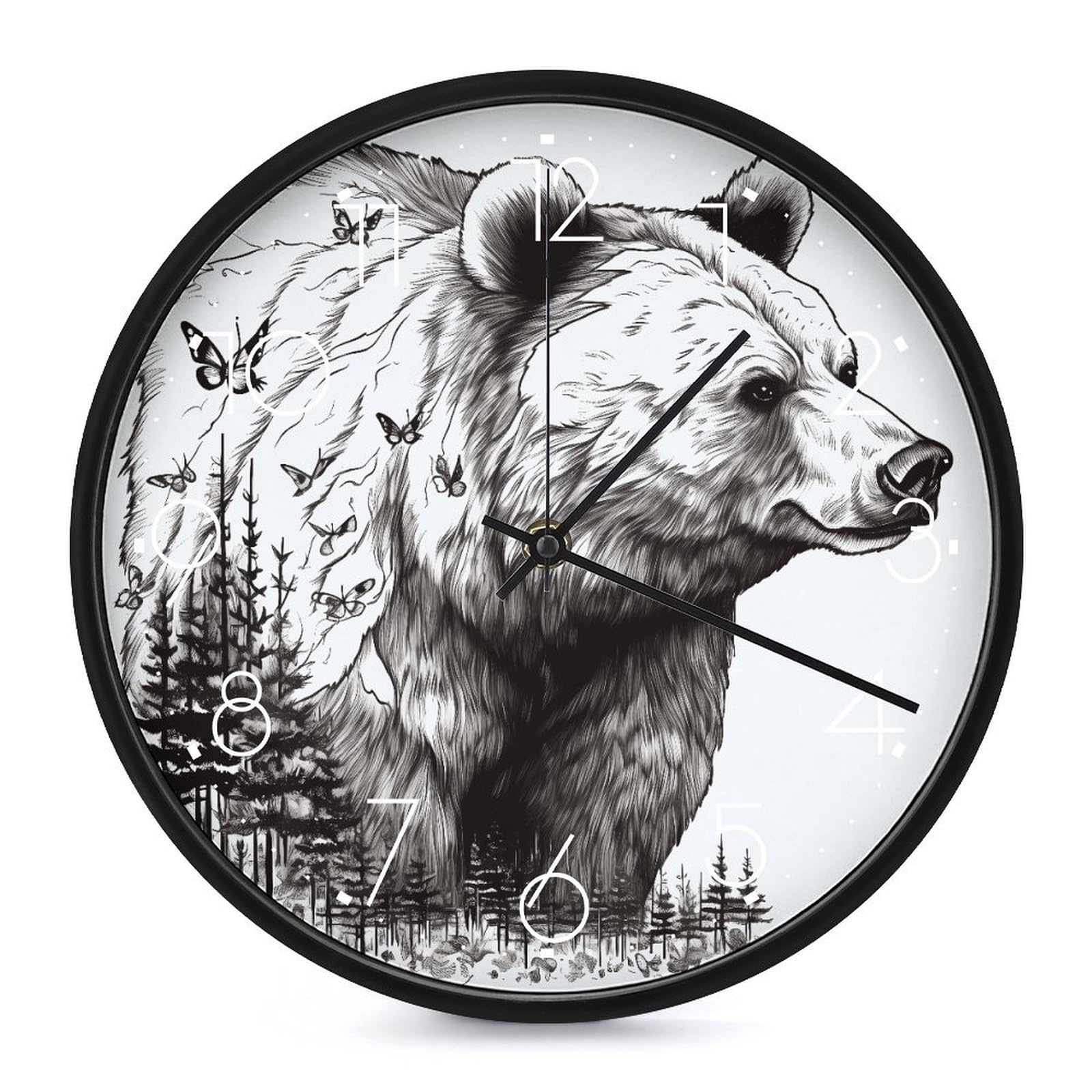 Horloge murale ours sauvage ronde silencieuse pour décoration cuisine et bureau
