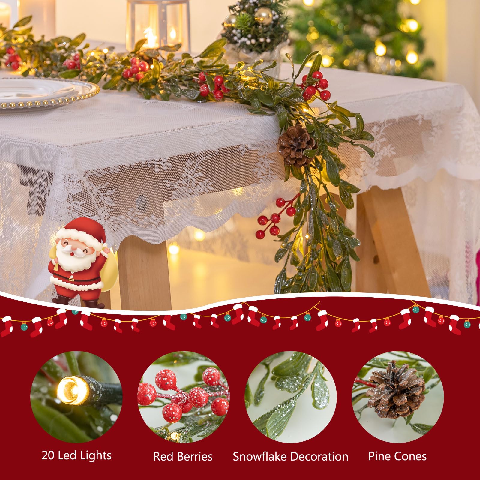 SLPBABY Beleuchtete Weihnachtsgirlande mit 20 LED-Lichtern, beflockte Girlande verziert mit Tannenzapfen, rote Beere, batteriebetrieben mit Timer für Kaminsims, Treppen, Innen- und Außendekorationen
