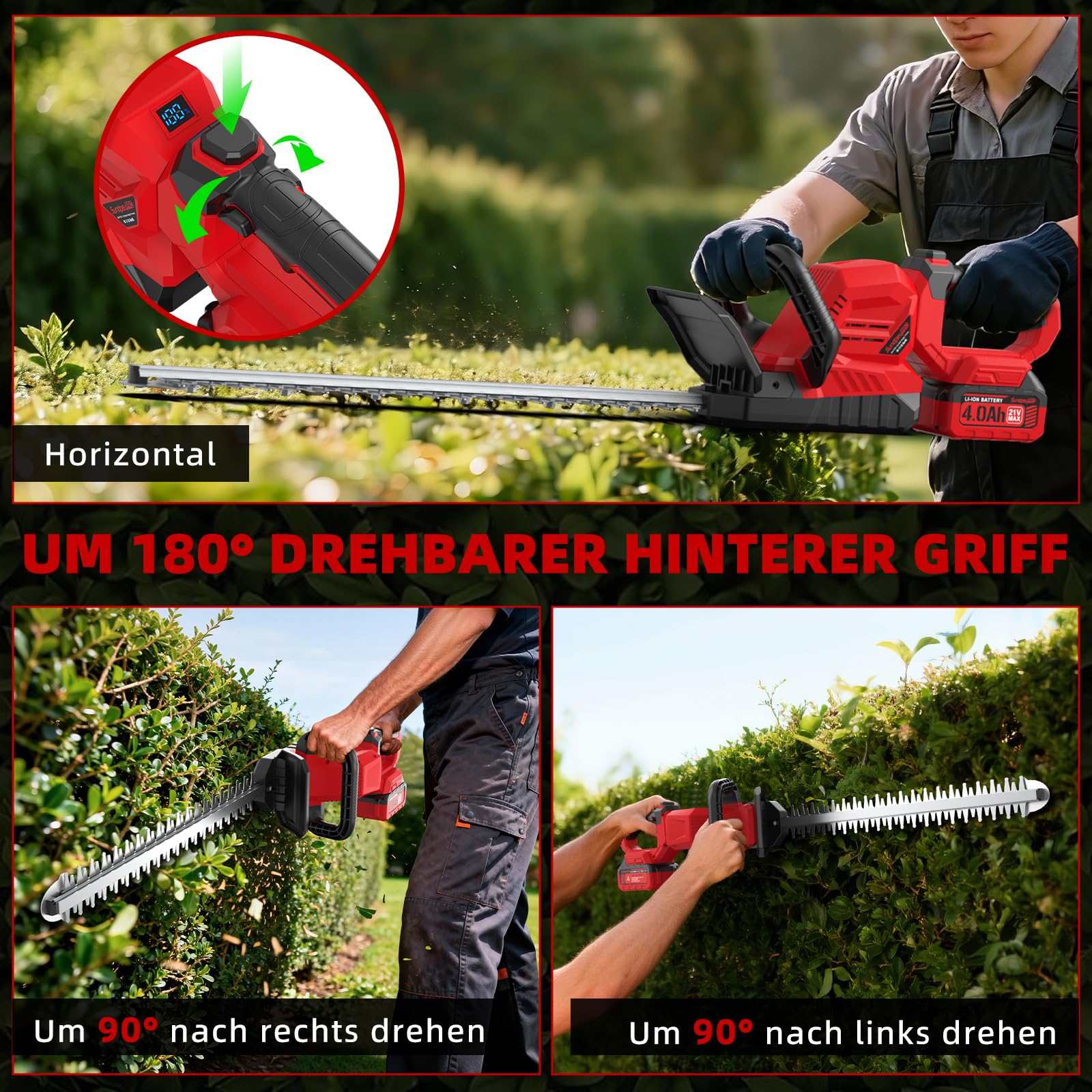 21V Heckenschere Akku 2x4.0Ah - Leichte Elektrische Heckenschere mit Akkus und Ladegerät, 53cm Dual Action Klinge, 16mm Zahnabstand, 180° Drehbarer Griff, Heckenschneider für Sträucher