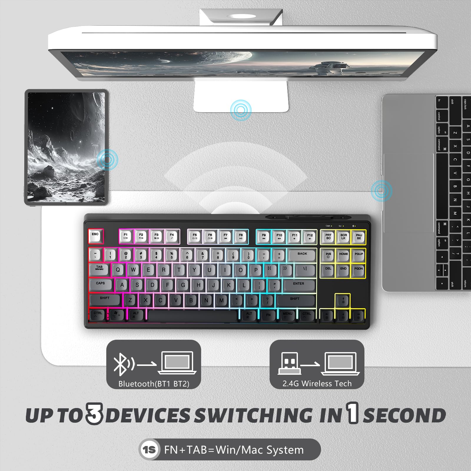 ATTACK SHARK X FREEWOLF M87 80% Bezprzewodowa Klawiatura Do Gier, TKL RGB SA Klawiatura PBT Bluetooth /2,4 GHz Podwójny Tryb, Bateria 4000 mAH do Komputerów Mac/Win - Czarny Gradient