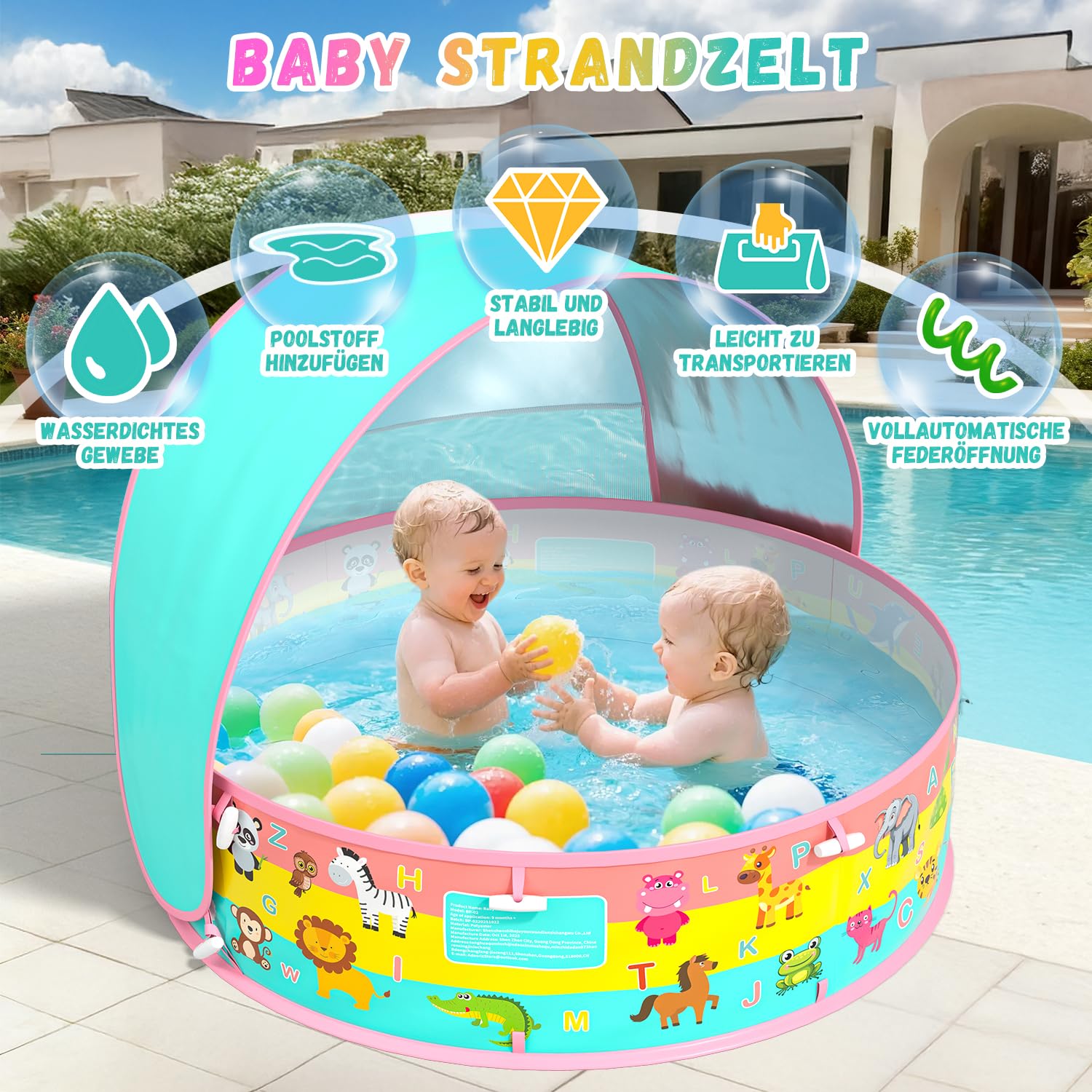 Baby Planschbecken mit Dach UV Schutz 50+ Pop-Up Strandmuschel 4 in 1 Portabler Baby Pool mit Sonnenschutz