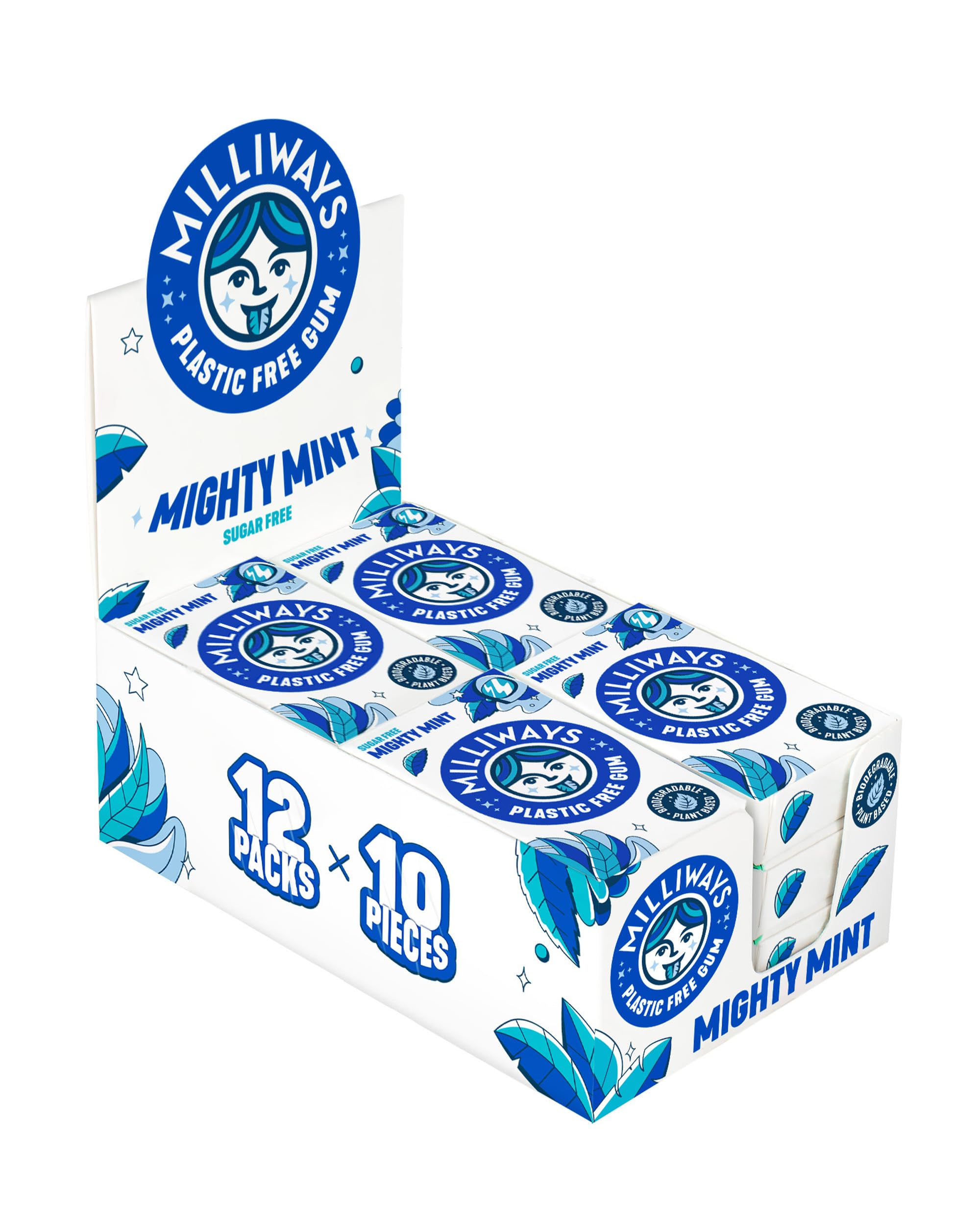 Milliways Mighty Mint Chewing Gum, Plastic Free, Sugar Free, Aspartame Free, Natural | 12 Packs of 10 Pieces (120 Pieces Total) | Xylitol, Plant-Based, Biodegradable