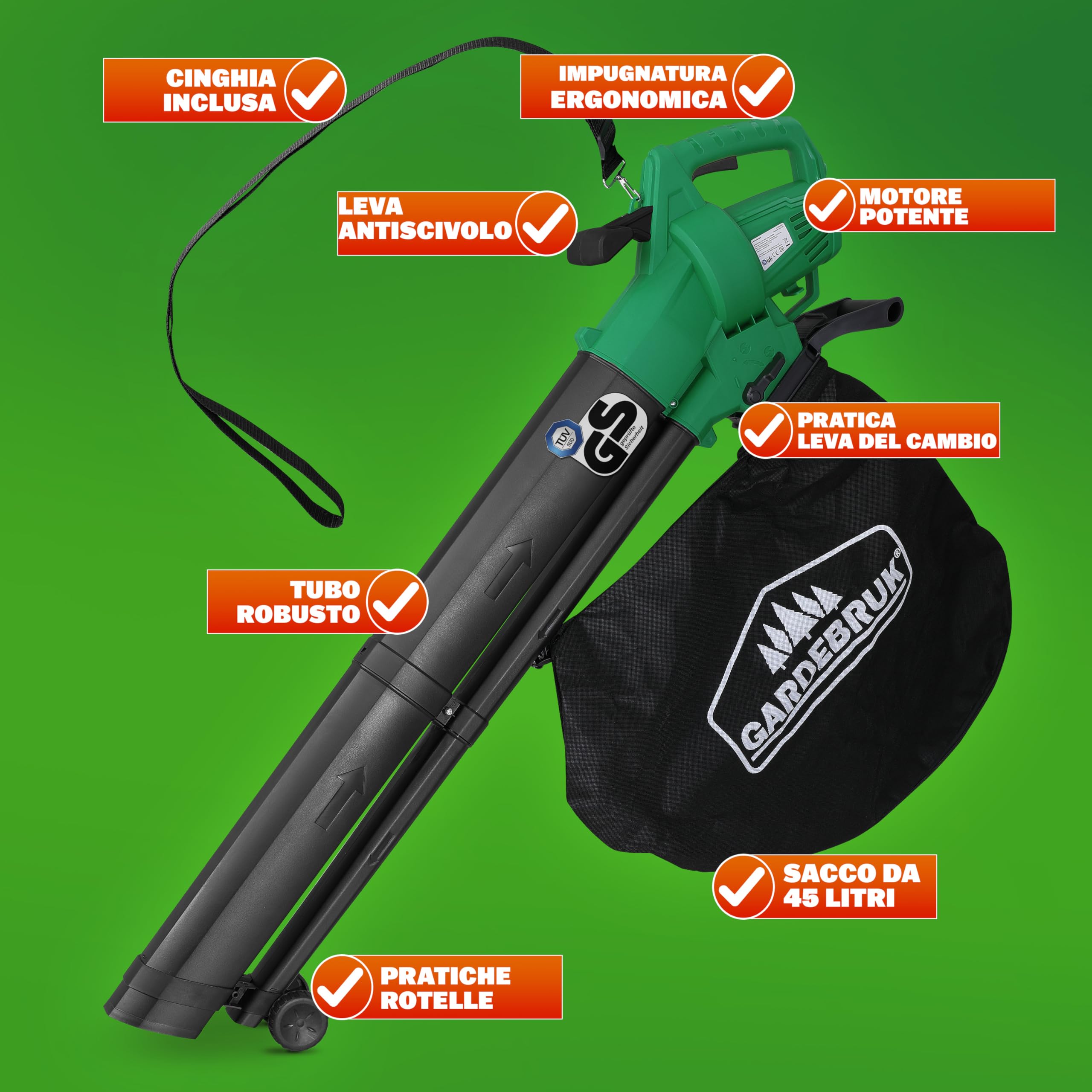GARDEBRUK® Soffiatore Foglie Aspiratore Trituratore Elettrico 3in1 3000W Tracolla Ruote Sacca 45L Soffia Foglie Giardino Aspirafoglie Aspira Fogliame