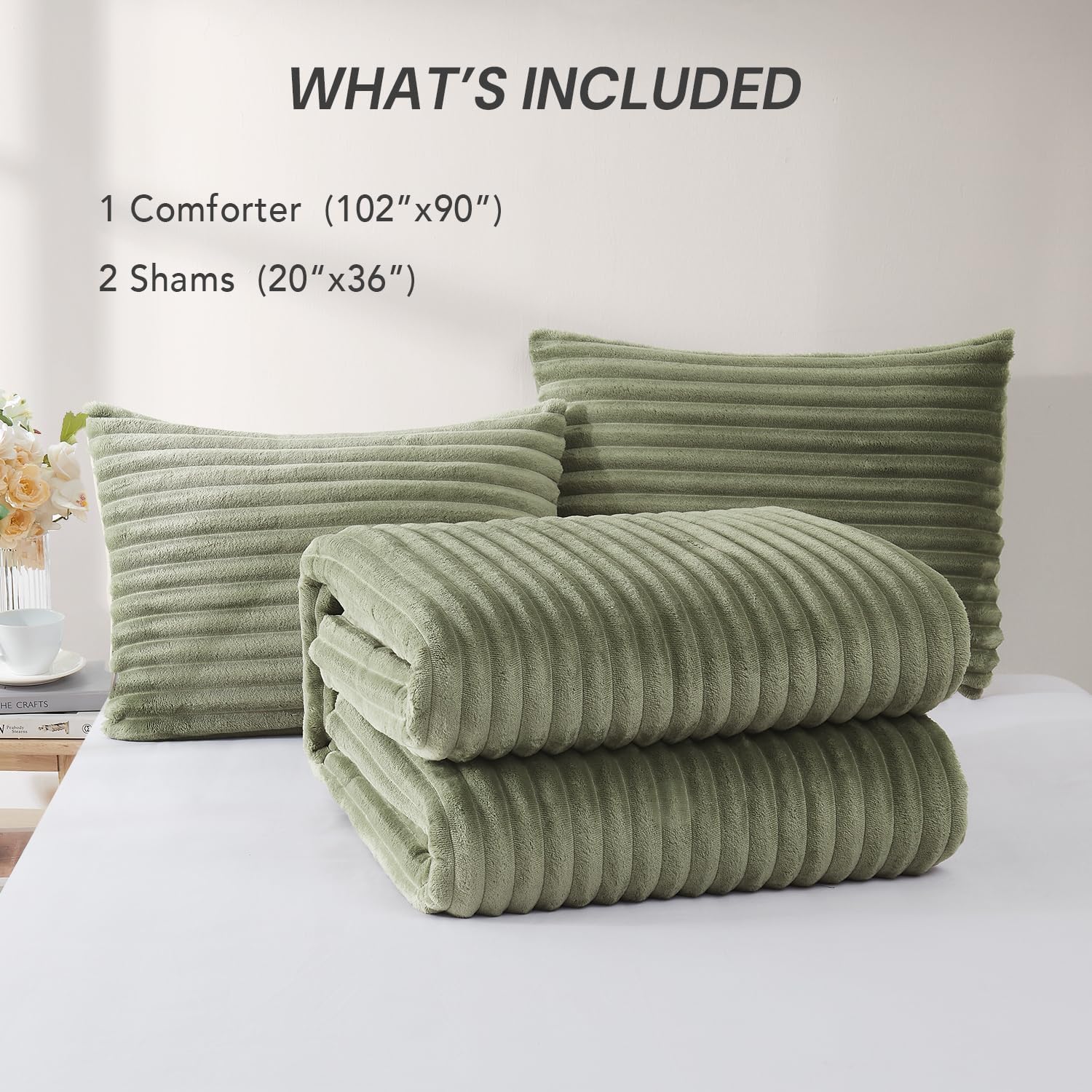 Geniospin Fleece King Size Comforter Set, Soft Fuzzy Fleece King Bedding Set, 3-Pieces Green Comforter Set for All Season, Warm Fluffy Comforter with 2 Pillow Cases - Image 6