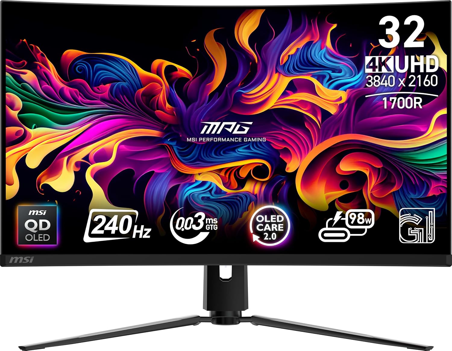 MPG 321CURX QD-OLED, 32-Inch, 4K UHD, 3840x2160,1700R,OLED Monitor, 240Hz, 0.03ms, DisplayHDR True Black 400, G-SYNC Compatible, HDMI 2.1, DP 1.4a, USB C (98W PD),Height Adjustable, Black