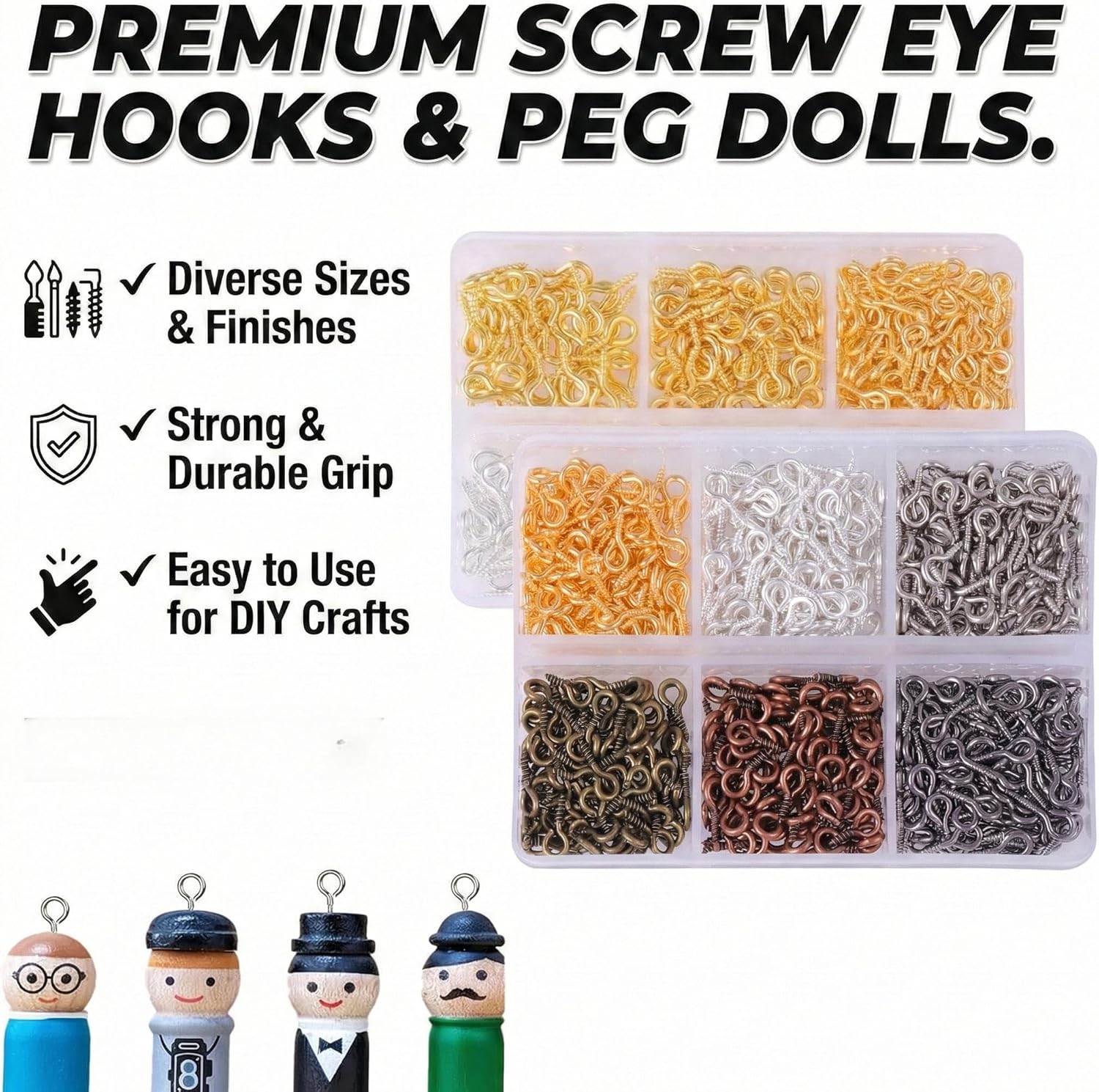 Mini Screw Eyelets for DIY, 1000 Pieces in 3 Sizes (4 x 8 mm, 5 x 10 mm, 6 x 13 mm), Metal Screw Eyelets, Ideal for Jewellery Making, Crafts, Decoration, in Two Colours