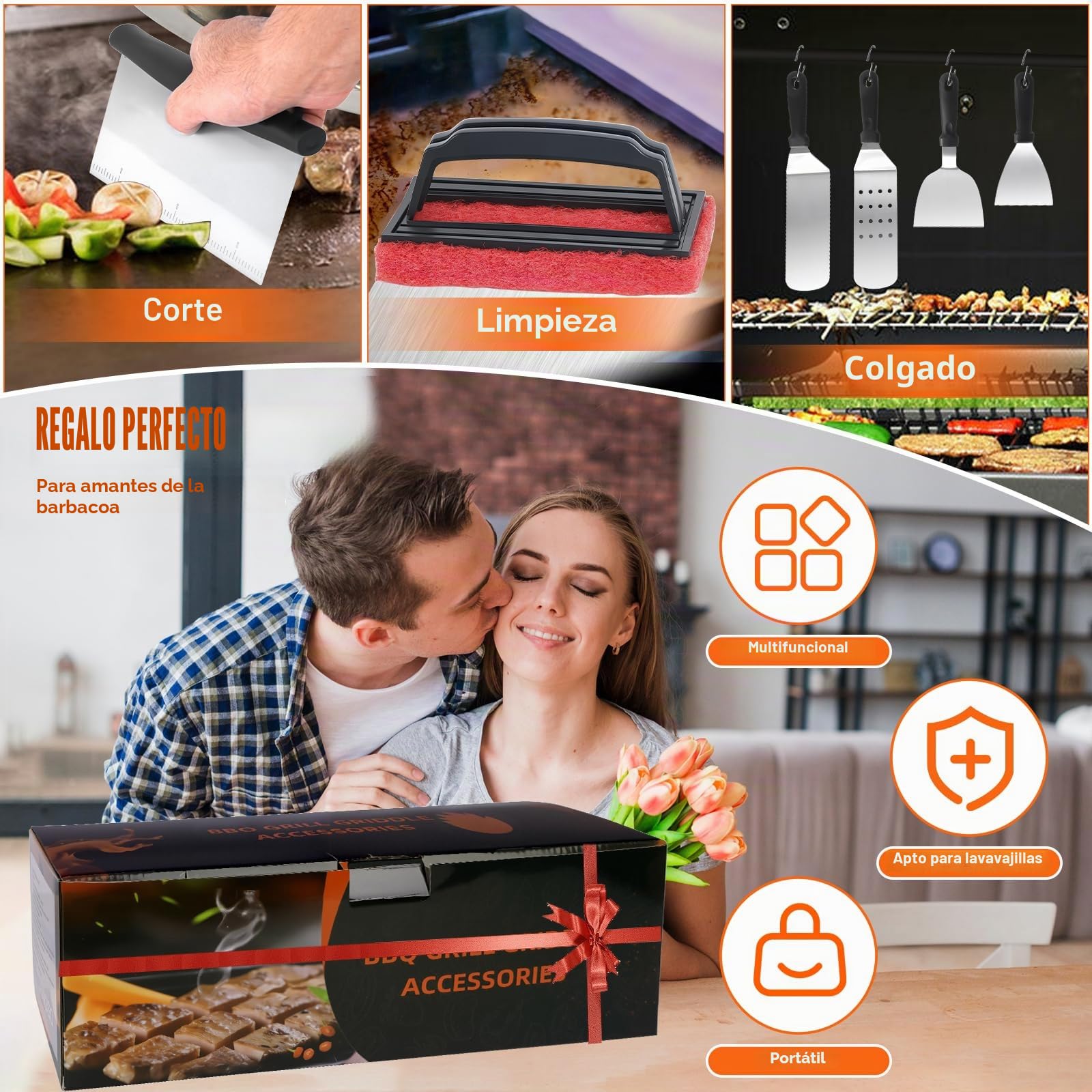 JUAUO Juego 27 Utensilios de Barbacoa de Acero Inoxidable, Kit de Accesorios Profesional para Parrilla y Plancha con Bolsa de Transporte y Prensa Hamburguesas, Regalos para Hombres y Chef Aficionado