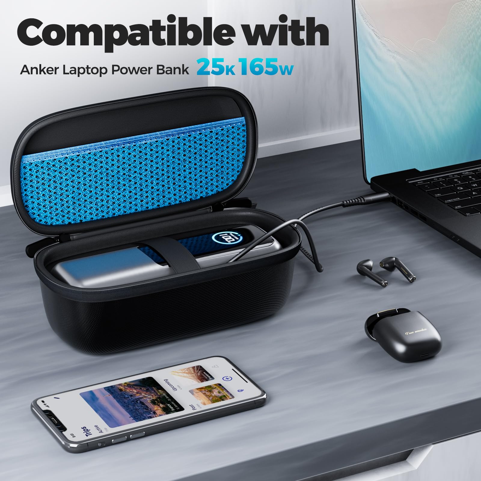 ProCase Twardy futerał do Anker 737 Power Bank 25000mAh 165W - czarny | Zapinany na zamek podróżny organizer do przechowywania, kieszeń z siatki na kable i akcesoria, przenośna torba na ładowarkę