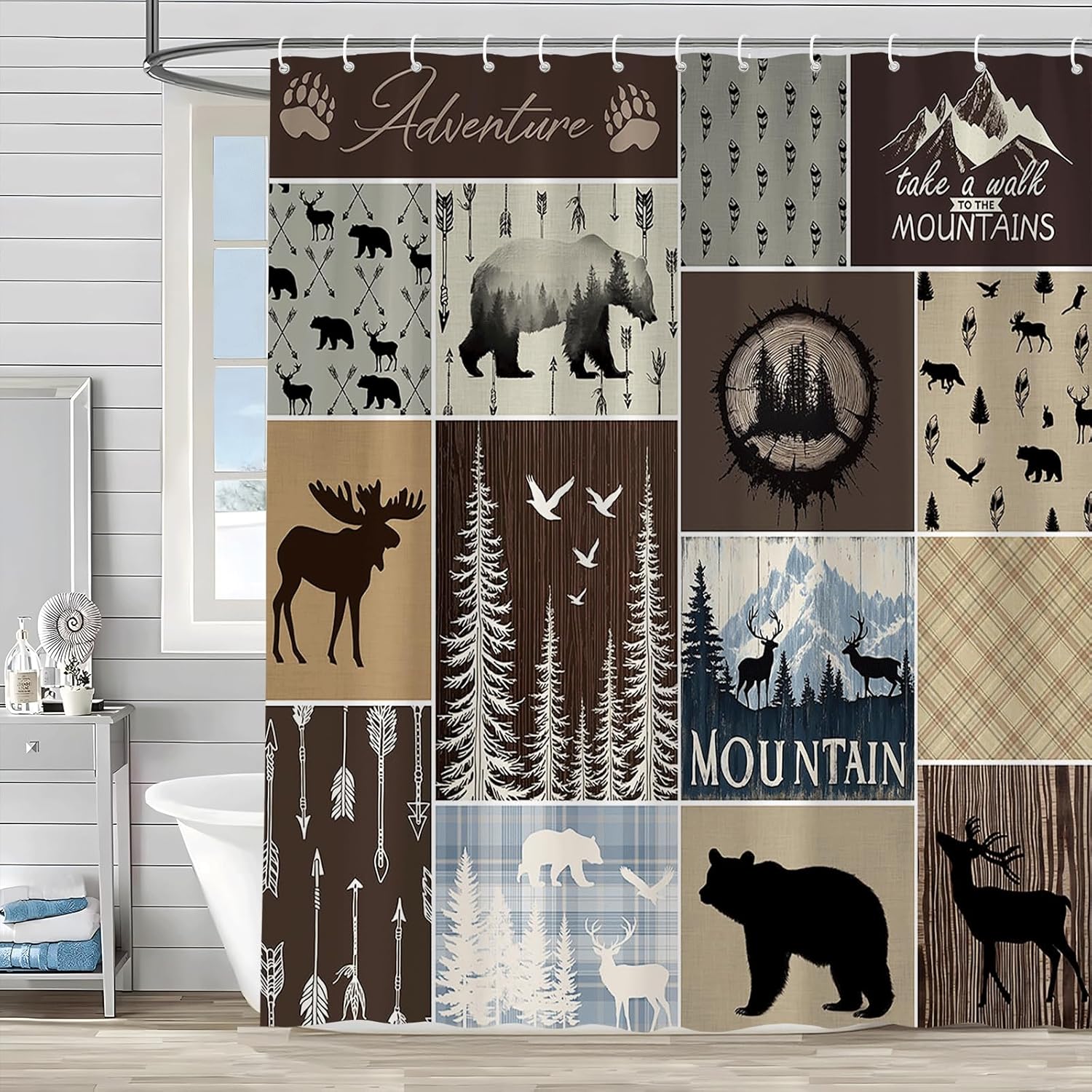 Rustic Bear Cabin Hunting Deer Shower Curtain Retro Farmhouse Country Lodge Elk Moose Wooden Board Mountain Forest Wildlife Animals Patchwork Camping Bathroom Decor Set Fabric with Hook 70W x 90H inch
