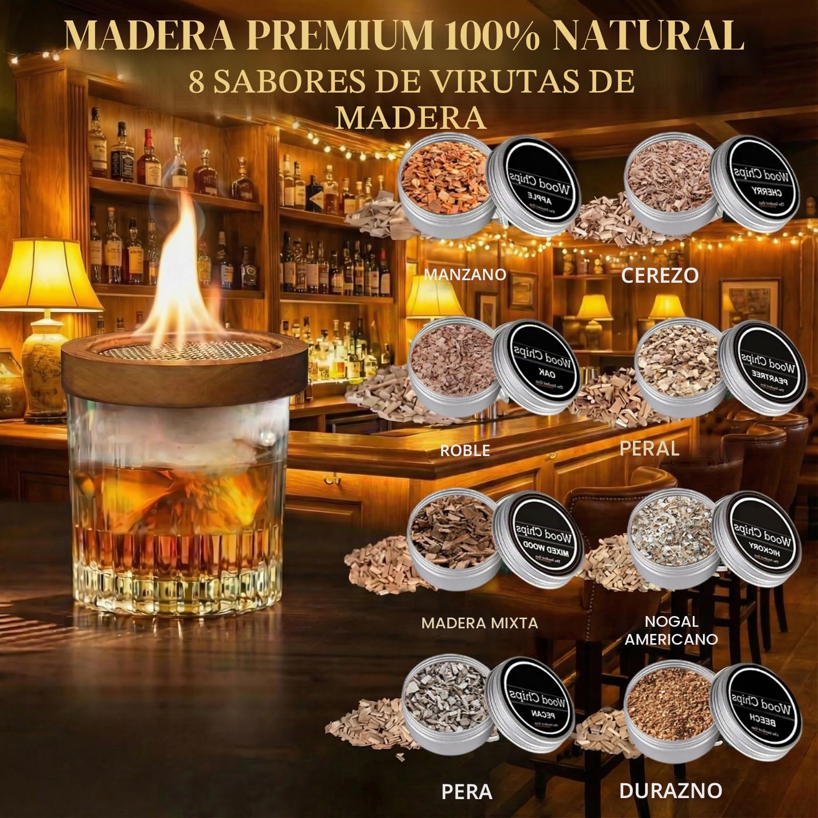 Kit Ahumador para Whisky - Set con 8 Aromas de Madera y Piedras para Whisky - Accesorios Bar para Cócteles y Regalo Hombre Padre y Novio